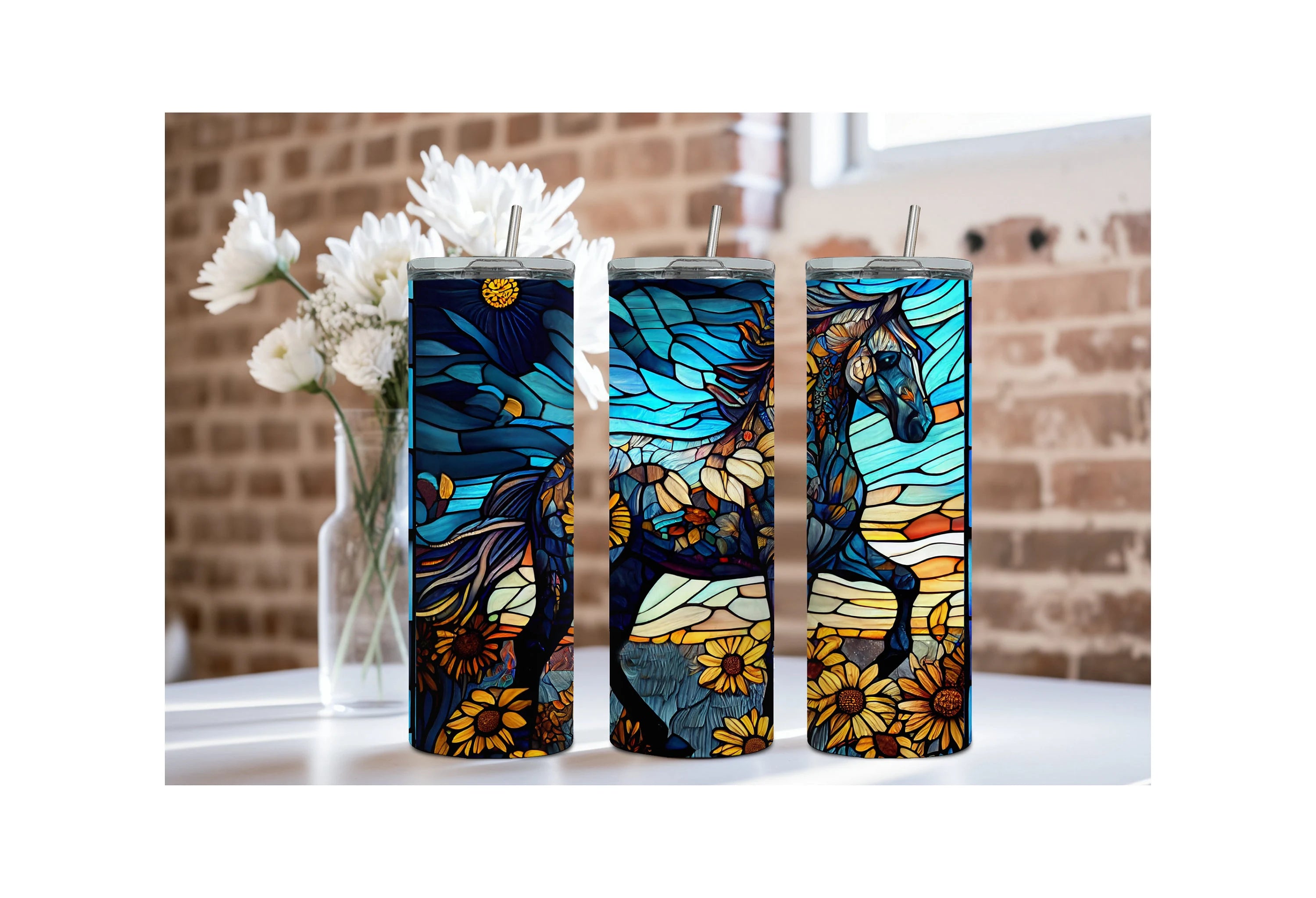 Colorful stainless steel horse tumblers in three sizes featuring floral designs against a modern backdrop.