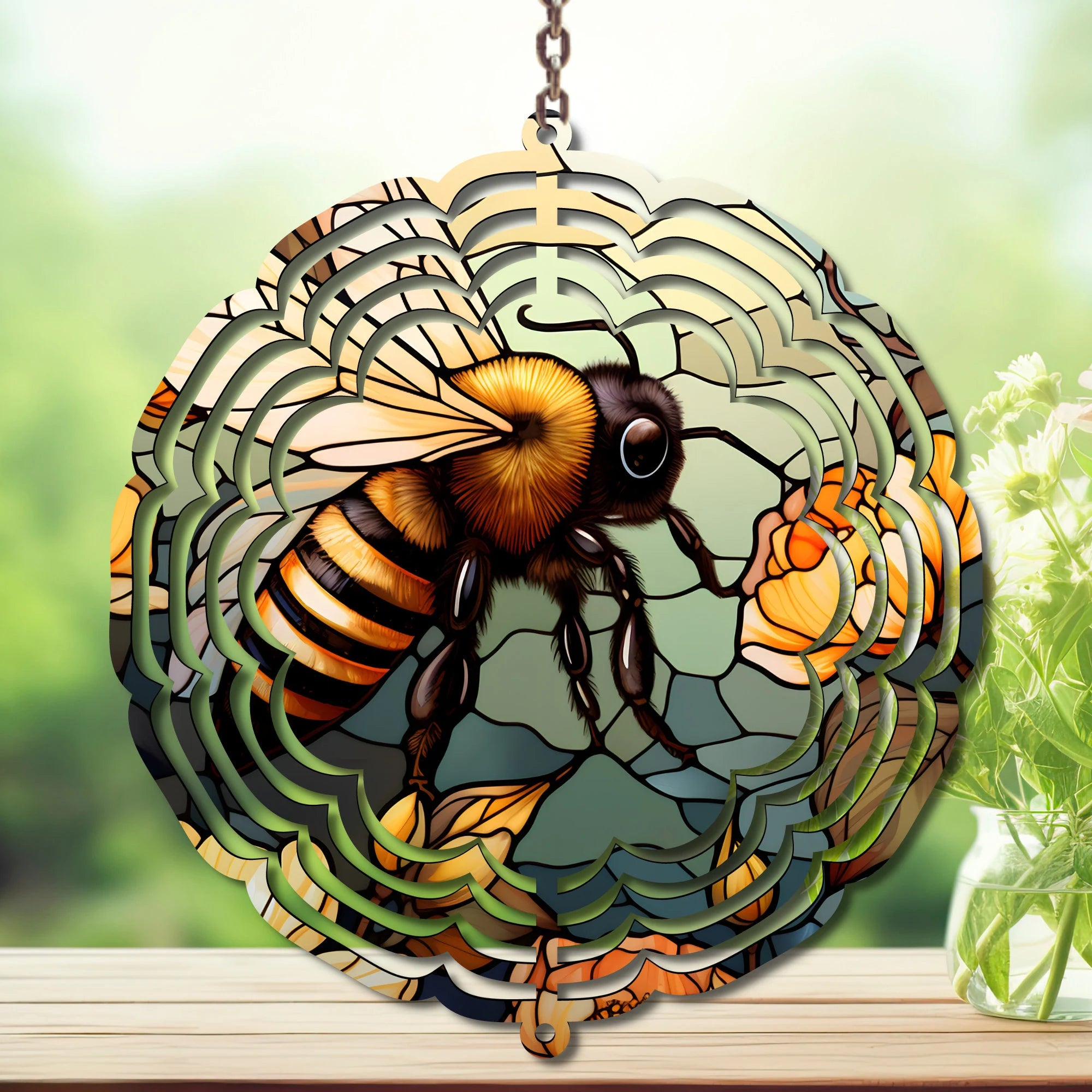 Honeybee wind spinner yard art featuring intricate bee design with vibrant colors and floral accents.