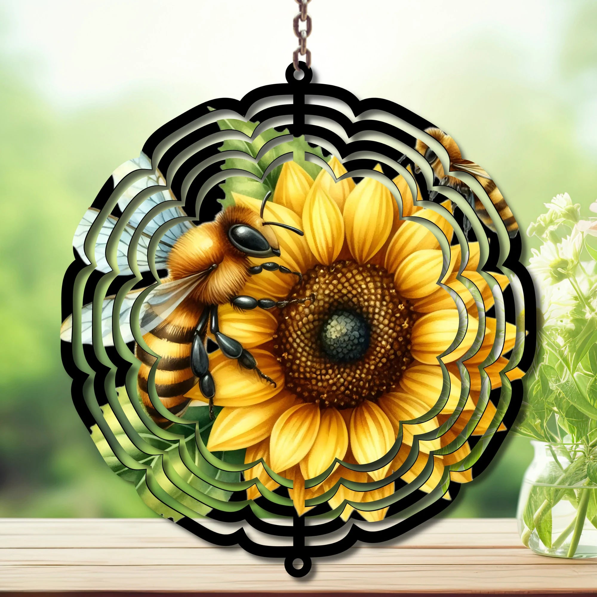 Honeybee wind spinner yard art featuring detailed illustration of a bee on a sunflower, perfect for garden decor.