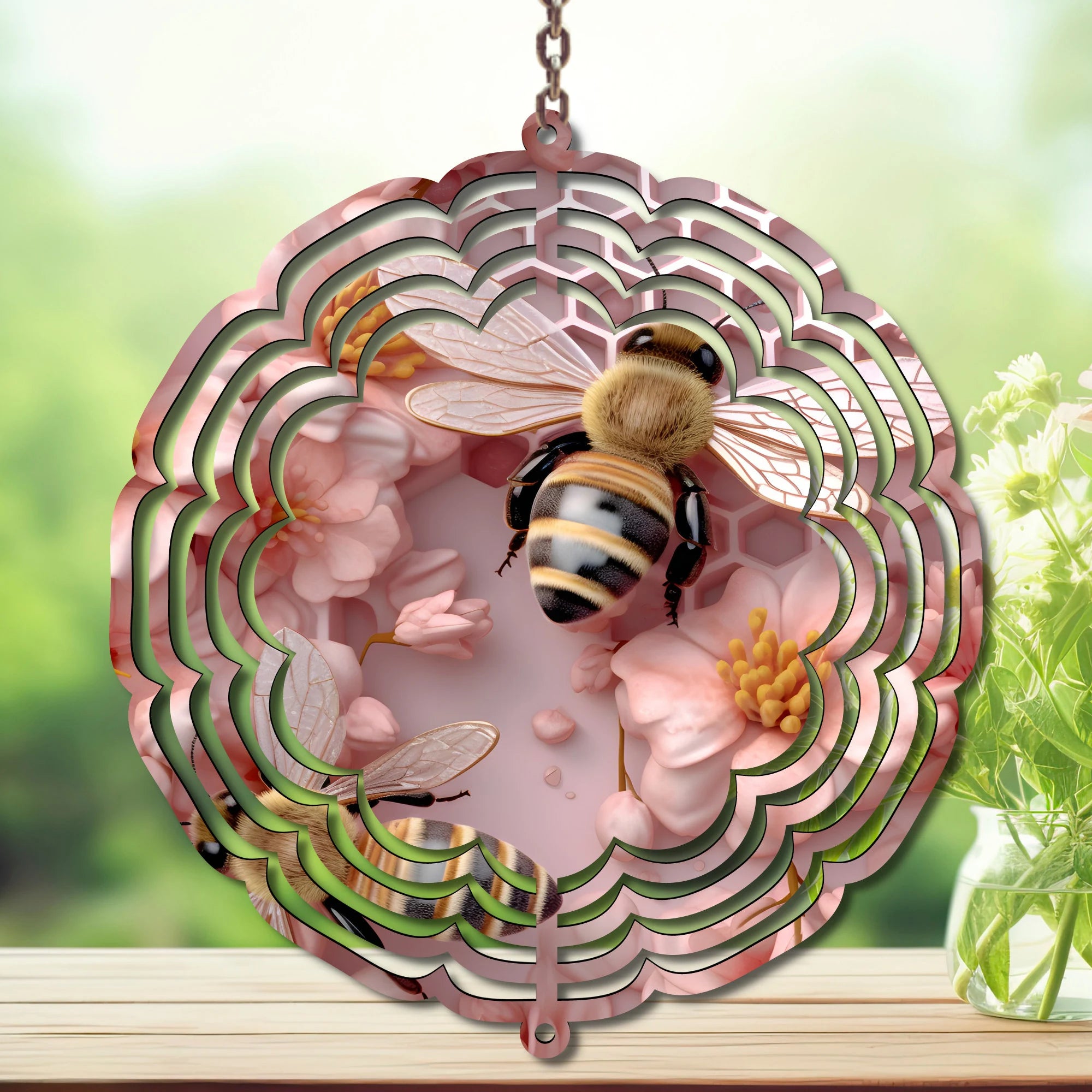 Honeybee Aluminum Metal Wind Spinner featuring bright bee artwork and floral details, perfect for yard art.