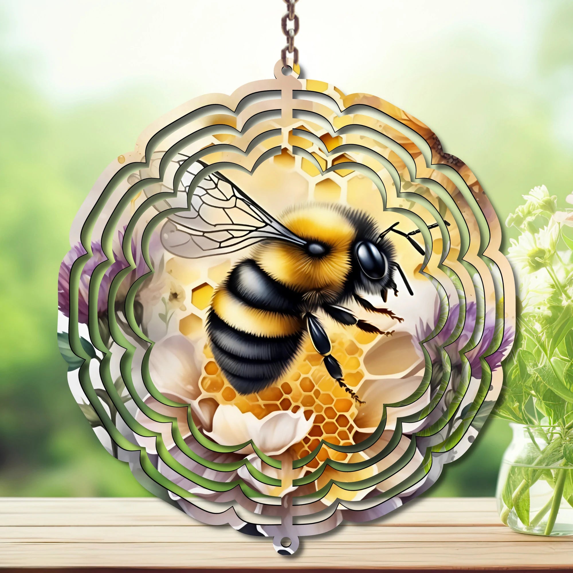 Honeybee aluminum metal wind spinner yard art featuring vibrant bee design and floral details, twirling in the garden.
