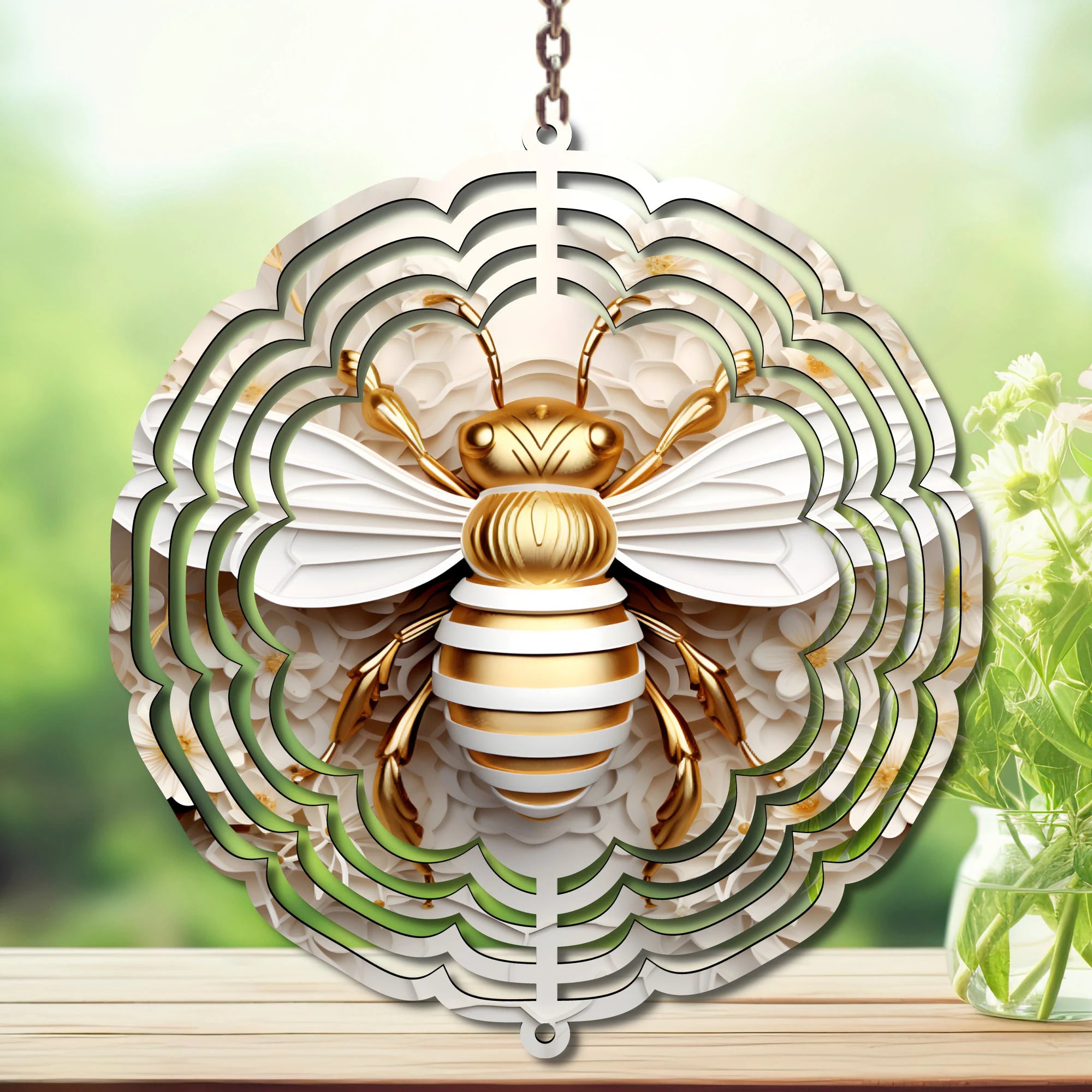 Honeybee wind spinner yard art featuring a golden bee design on a decorative backdrop, perfect for enhancing outdoor spaces.