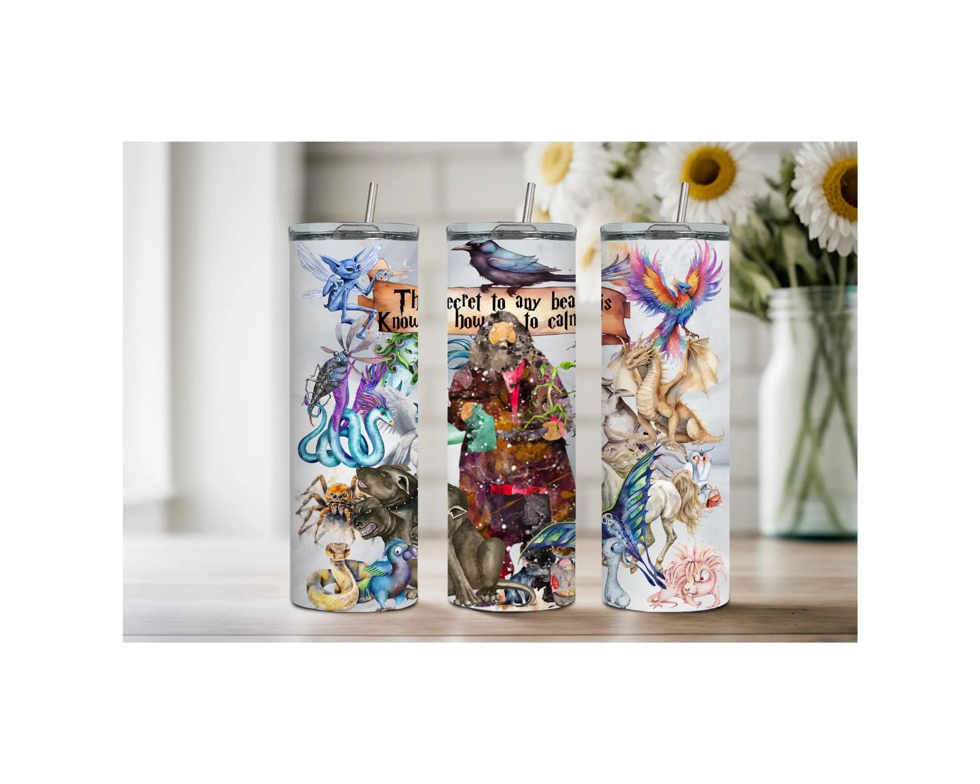 Wizard School Stainless Steel Tumblers featuring whimsical designs in 20 oz, 30 oz, and 40 oz sizes, perfect for fans.