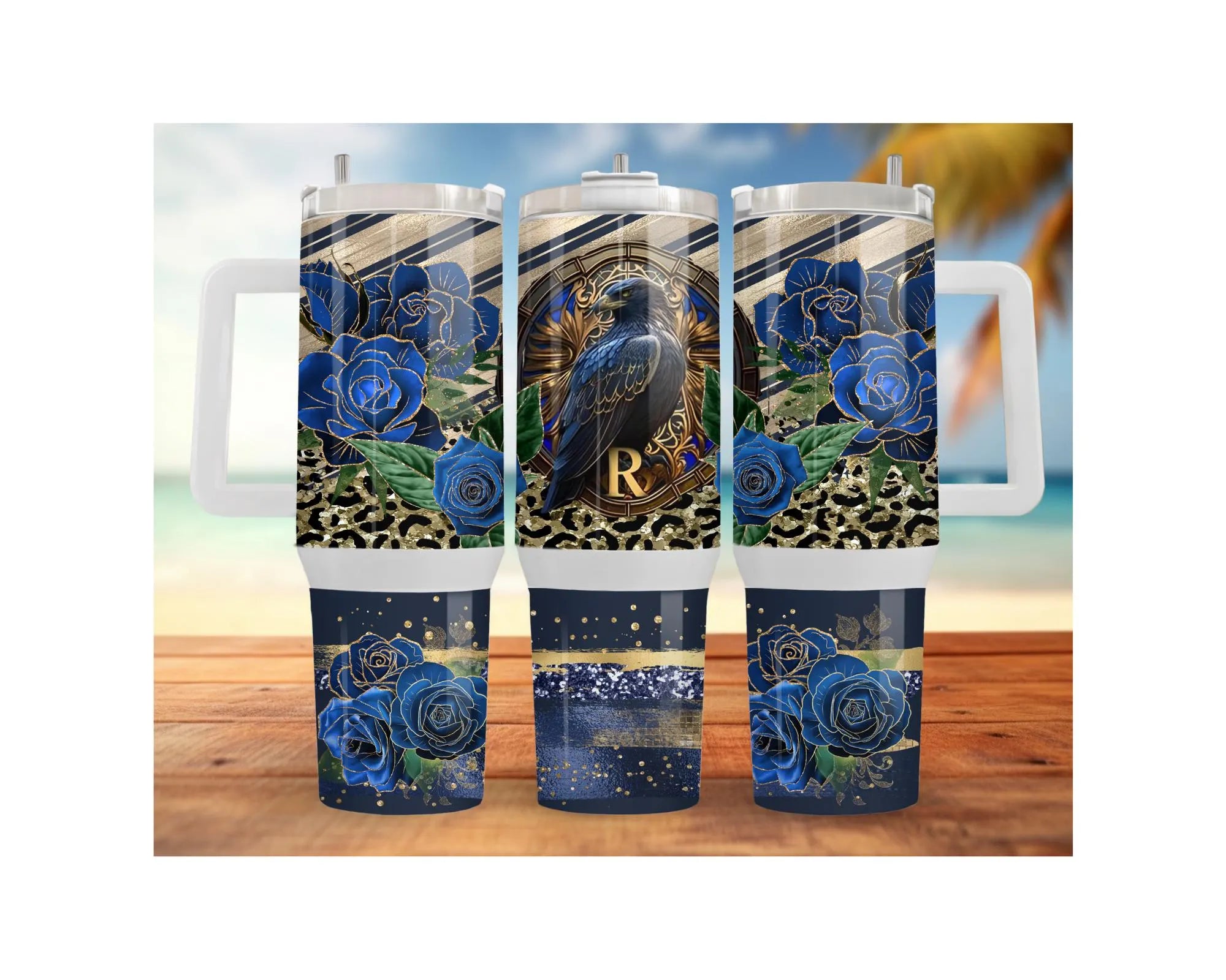 Eagle House pride stainless steel tumblers with blue roses design, available in multiple sizes.