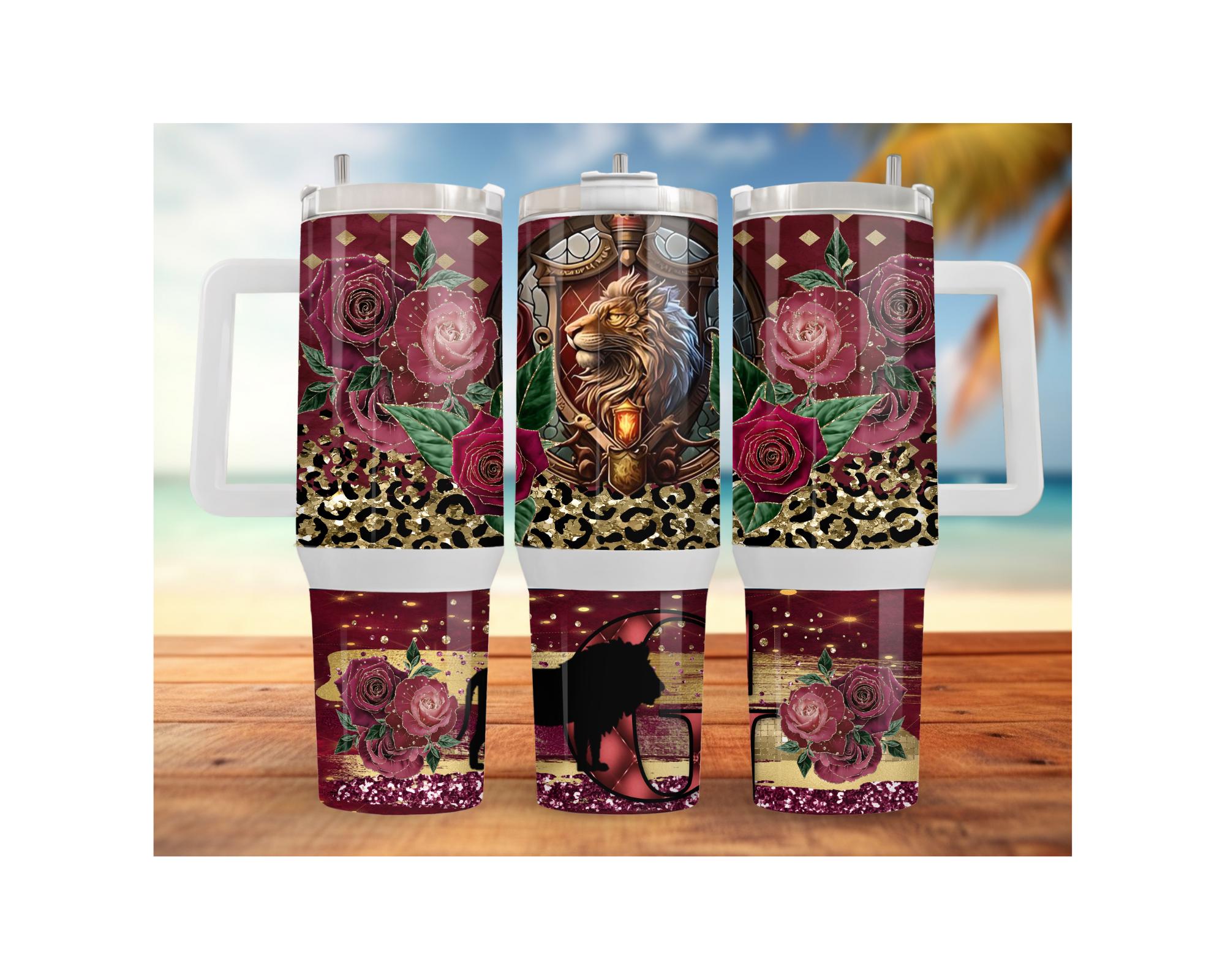 Lion House stainless steel tumblers featuring floral and lion designs, perfect for hot and cold drinks.
