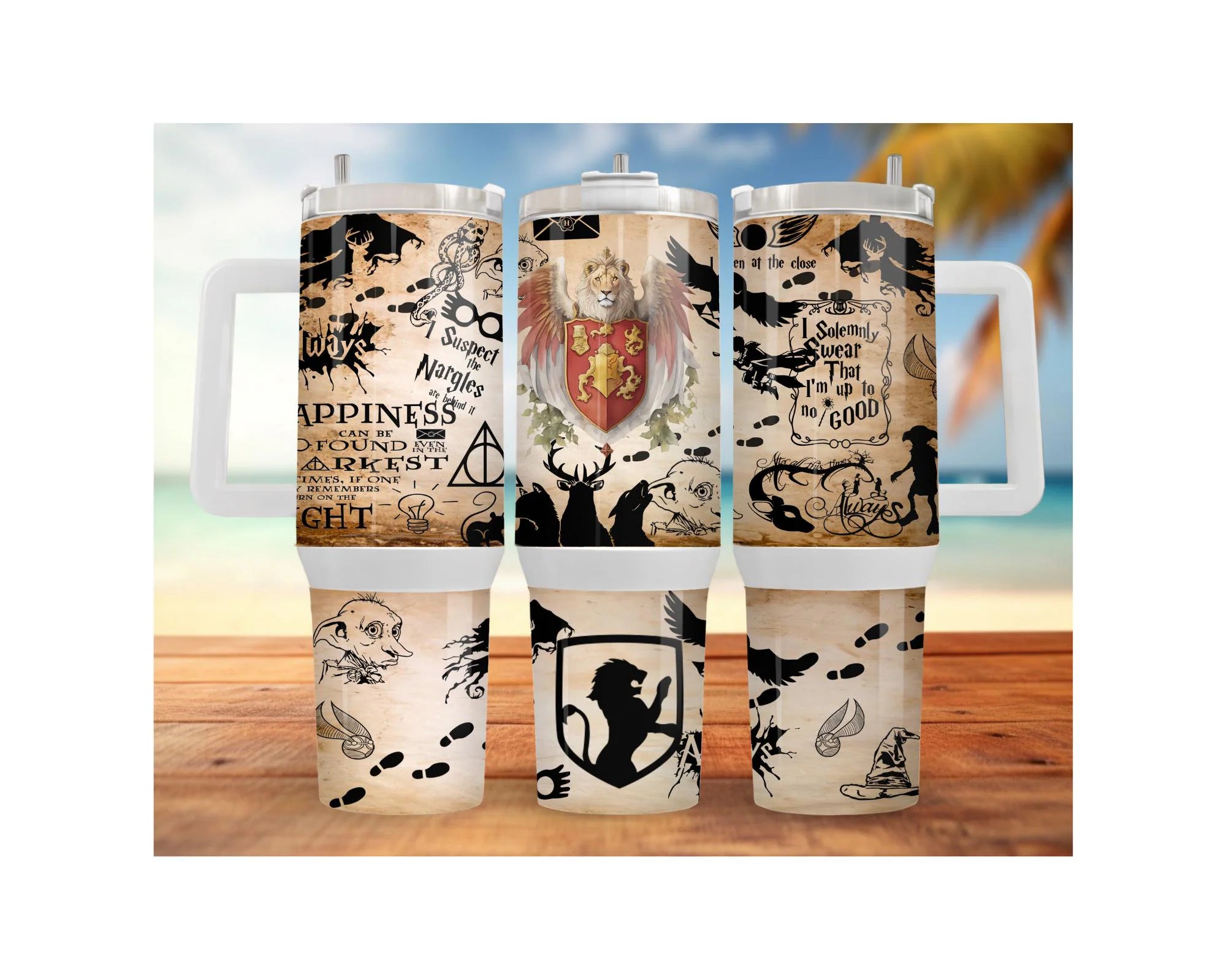 Lion House stainless steel tumblers with unique artistic designs on a beach background.