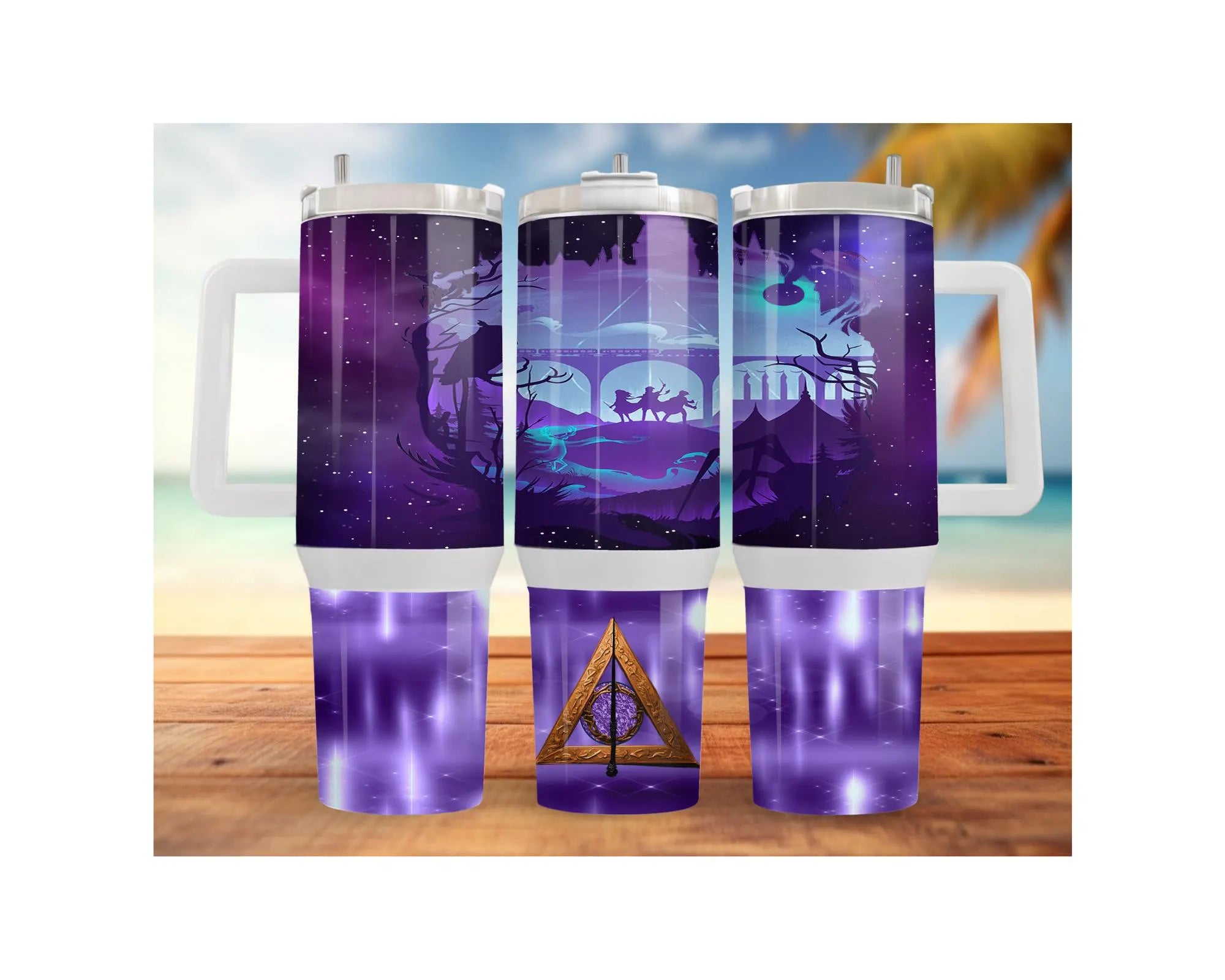 Wizard School stainless steel tumblers featuring cosmic designs in 20, 30, and 40-ounce sizes.