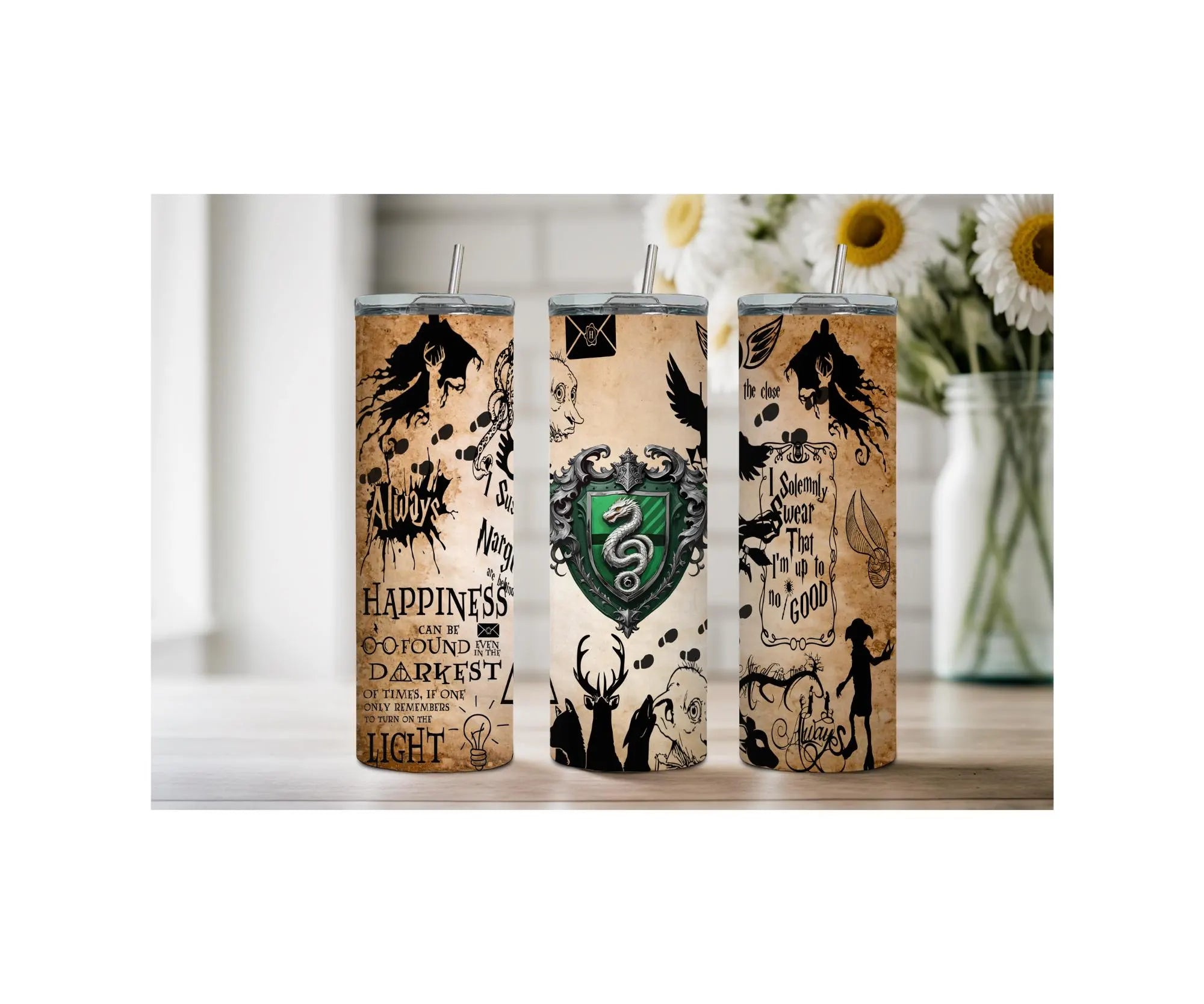 Slytherin stainless steel tumbler collection featuring themed designs and quotes, perfect for fans.