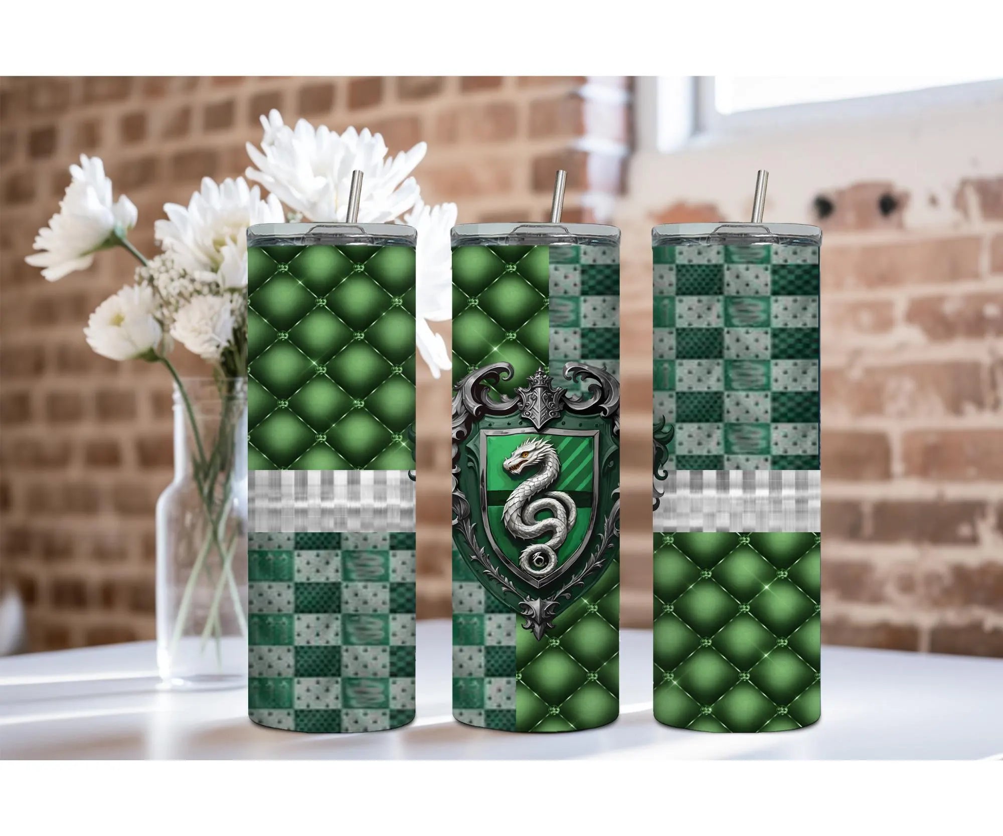 Snake House Pride Slytherin stainless steel tumbler design with green and silver patterns and emblem.