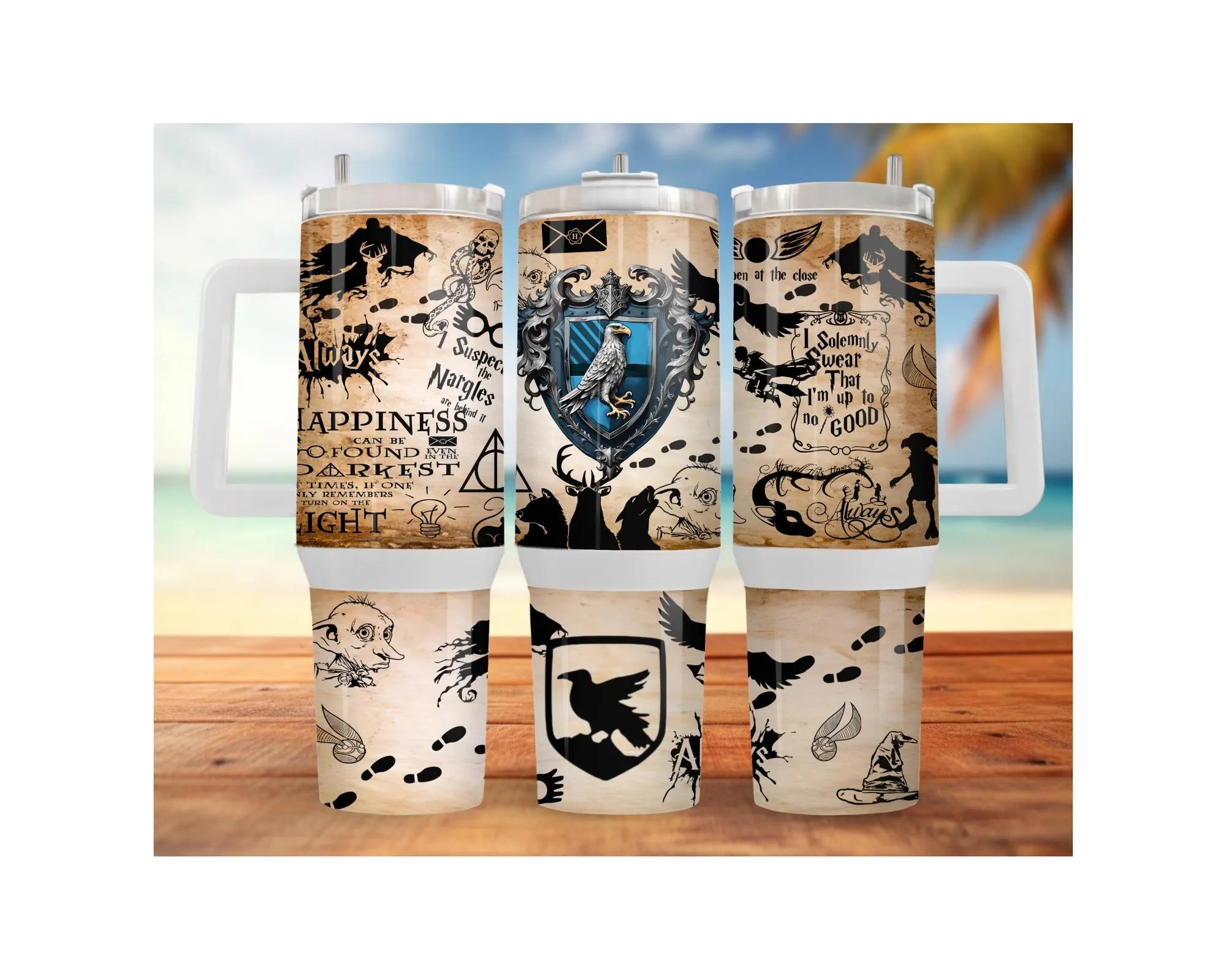 Eagle House pride stainless steel tumblers featuring artistic designs, available in multiple sizes.