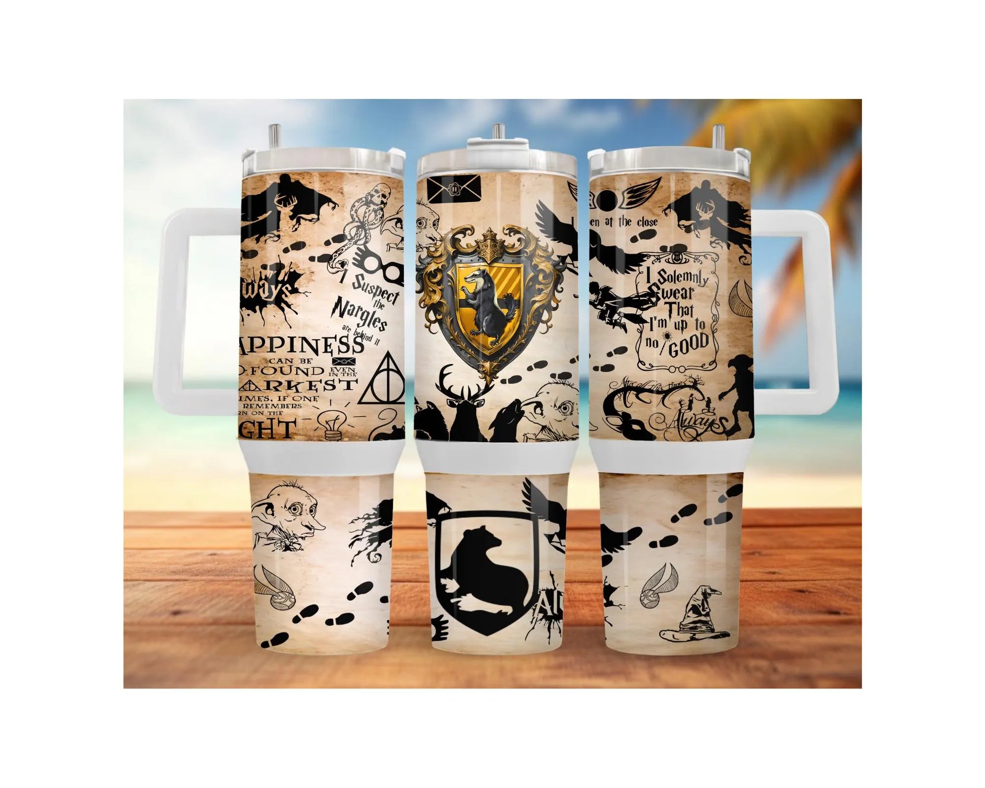 Badger House Pride stainless steel tumblers featuring unique designs and multiple sizes, perfect for drinks on the go.