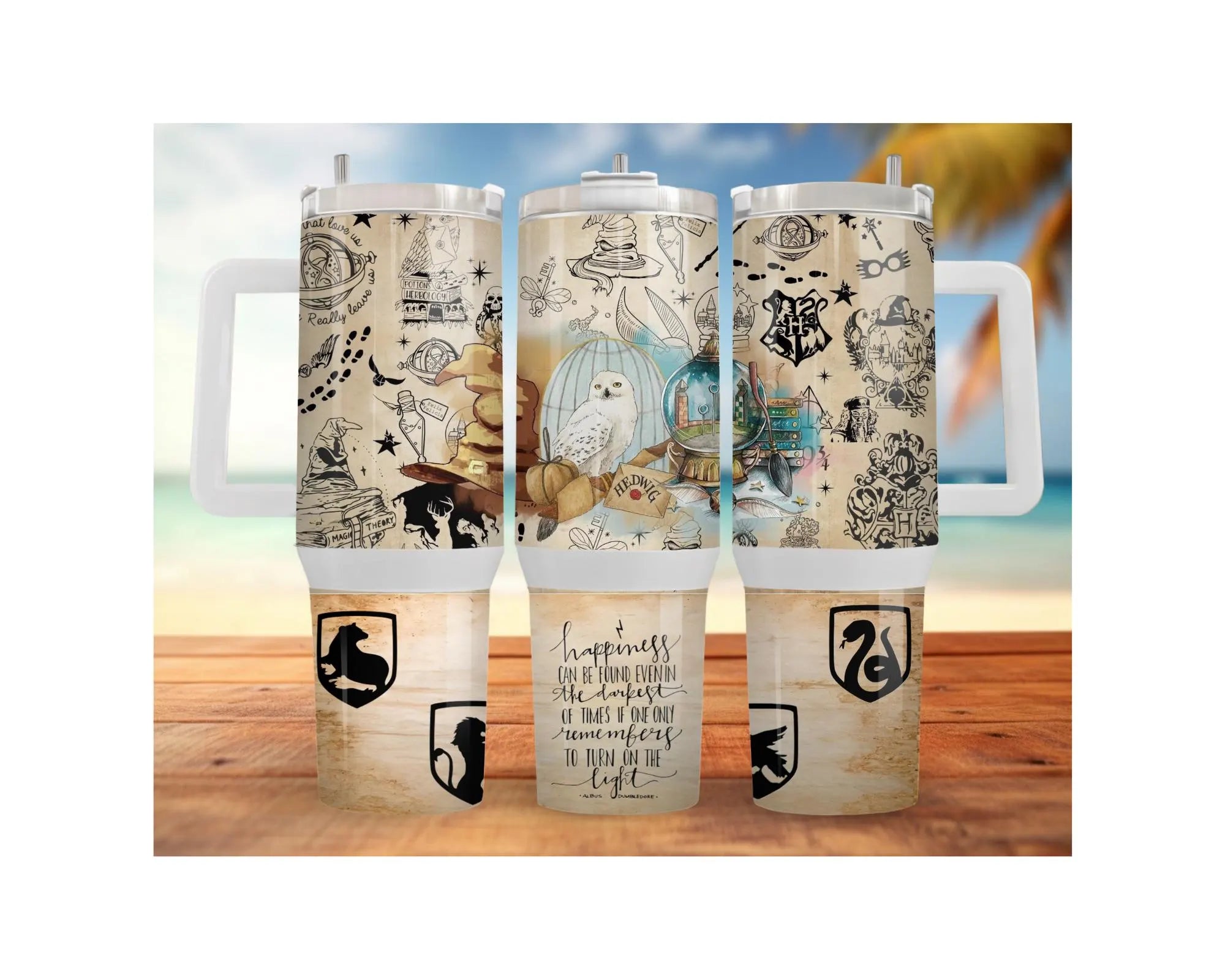Wizard School Stainless Steel Tumblers featuring whimsical designs and house emblems in 20-, 30-, and 40-ounce sizes.