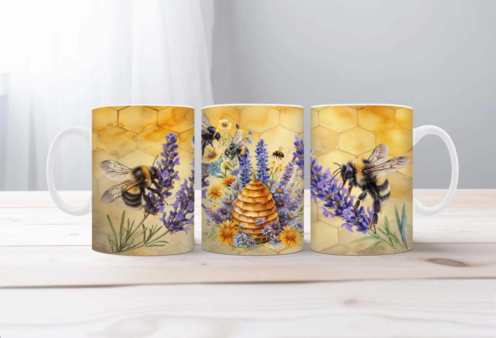 Honeybee stainless steel tumblers featuring floral and honeycomb design with bees and a bee hive.