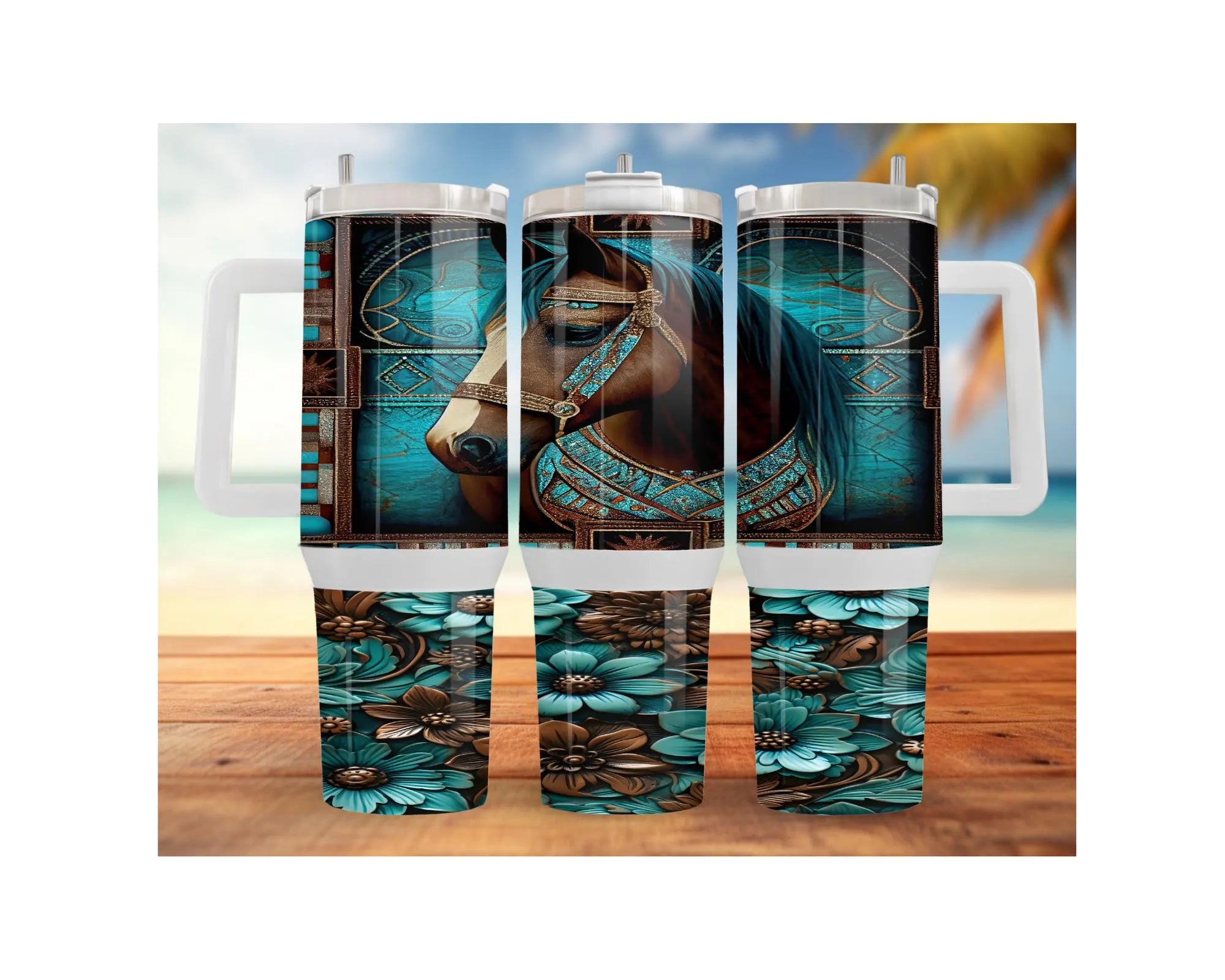 Stainless steel horse tumblers featuring a decorative horse design and vibrant teal floral accents.