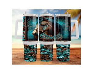 Stainless steel horse tumblers featuring a decorative horse design and vibrant teal floral accents.