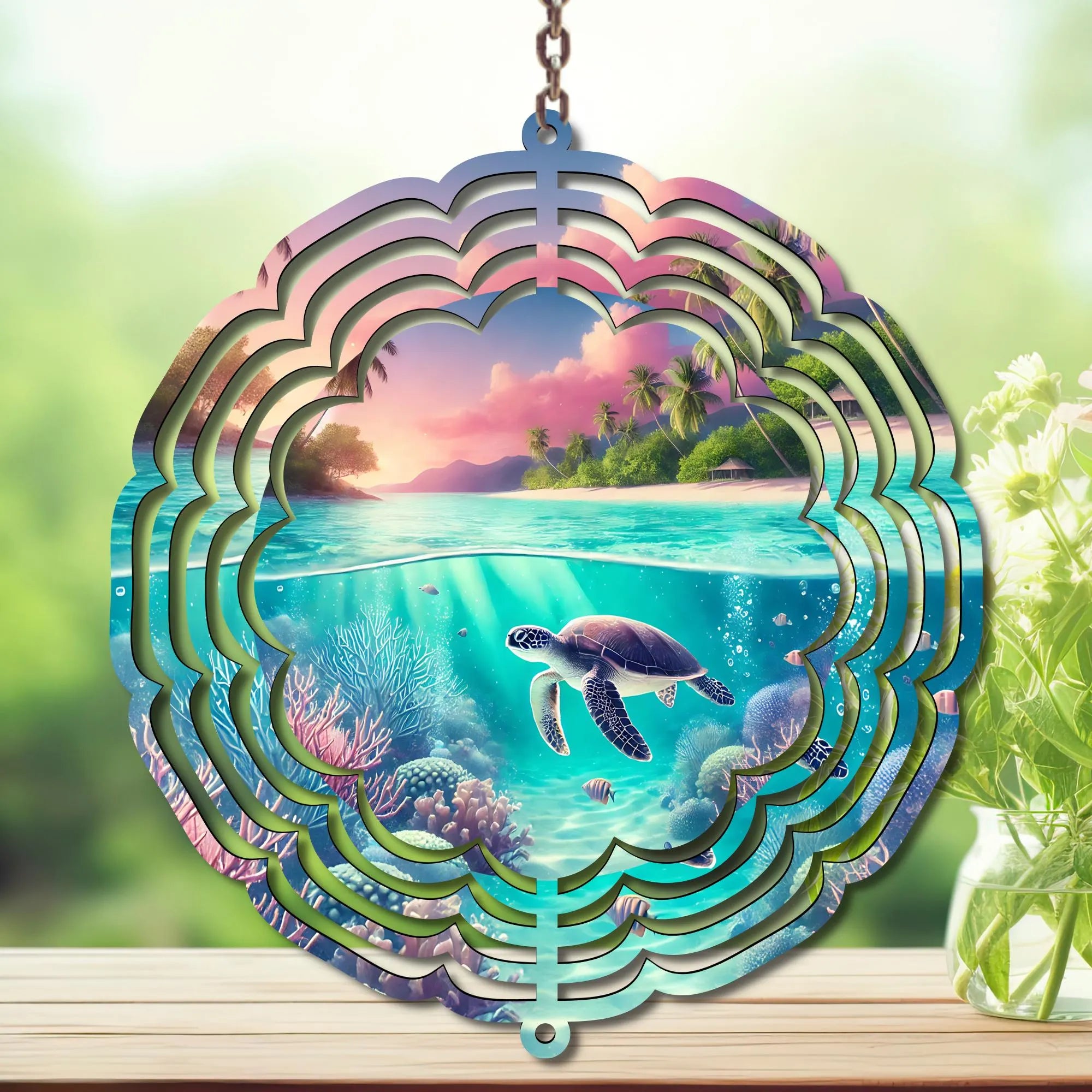 Sea turtle wind spinner garden decor featuring vibrant ocean design with turtle and coral, perfect for yard or patio.