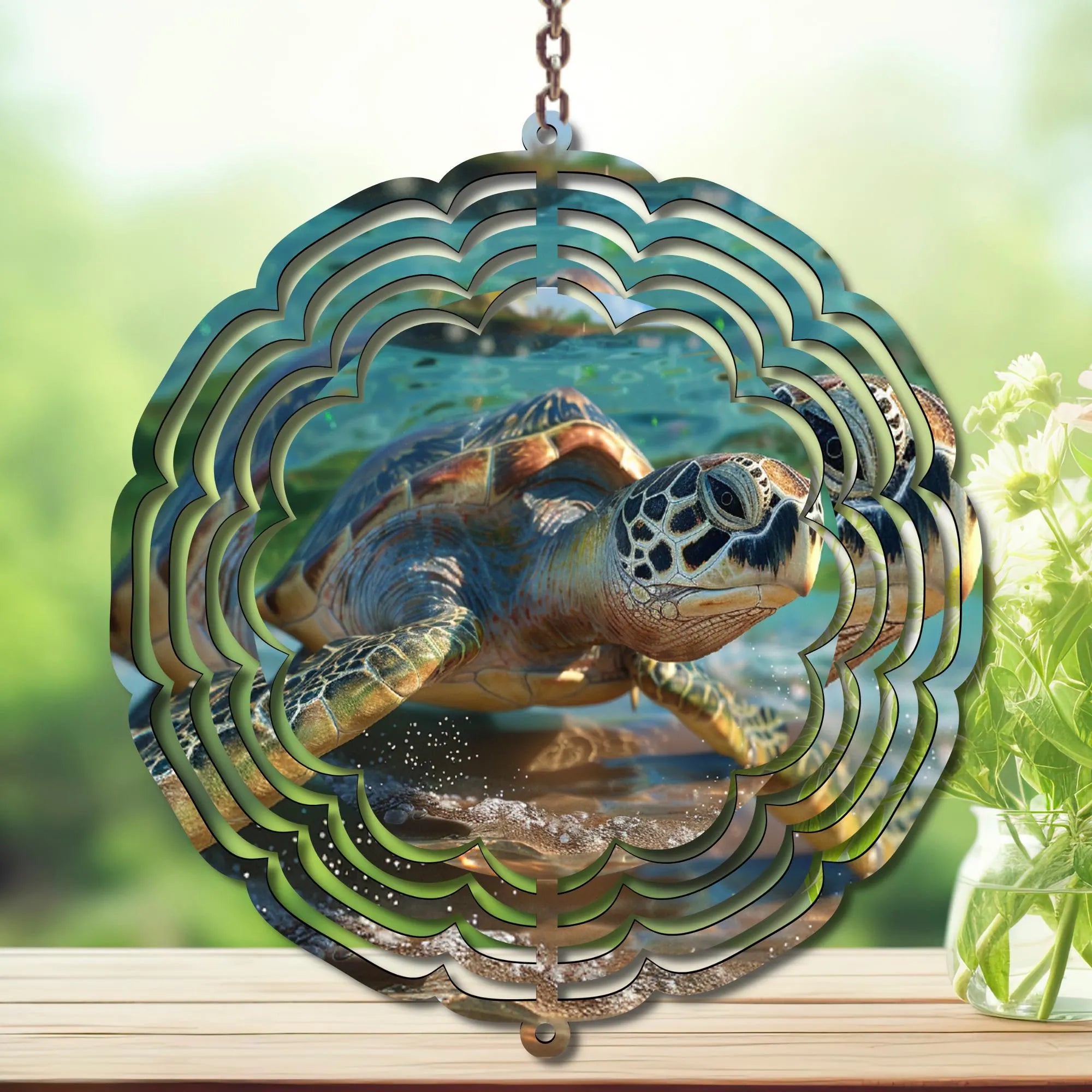 Sea turtle wind spinner garden decor featuring vibrant design and coastal colors, perfect for outdoor spaces.