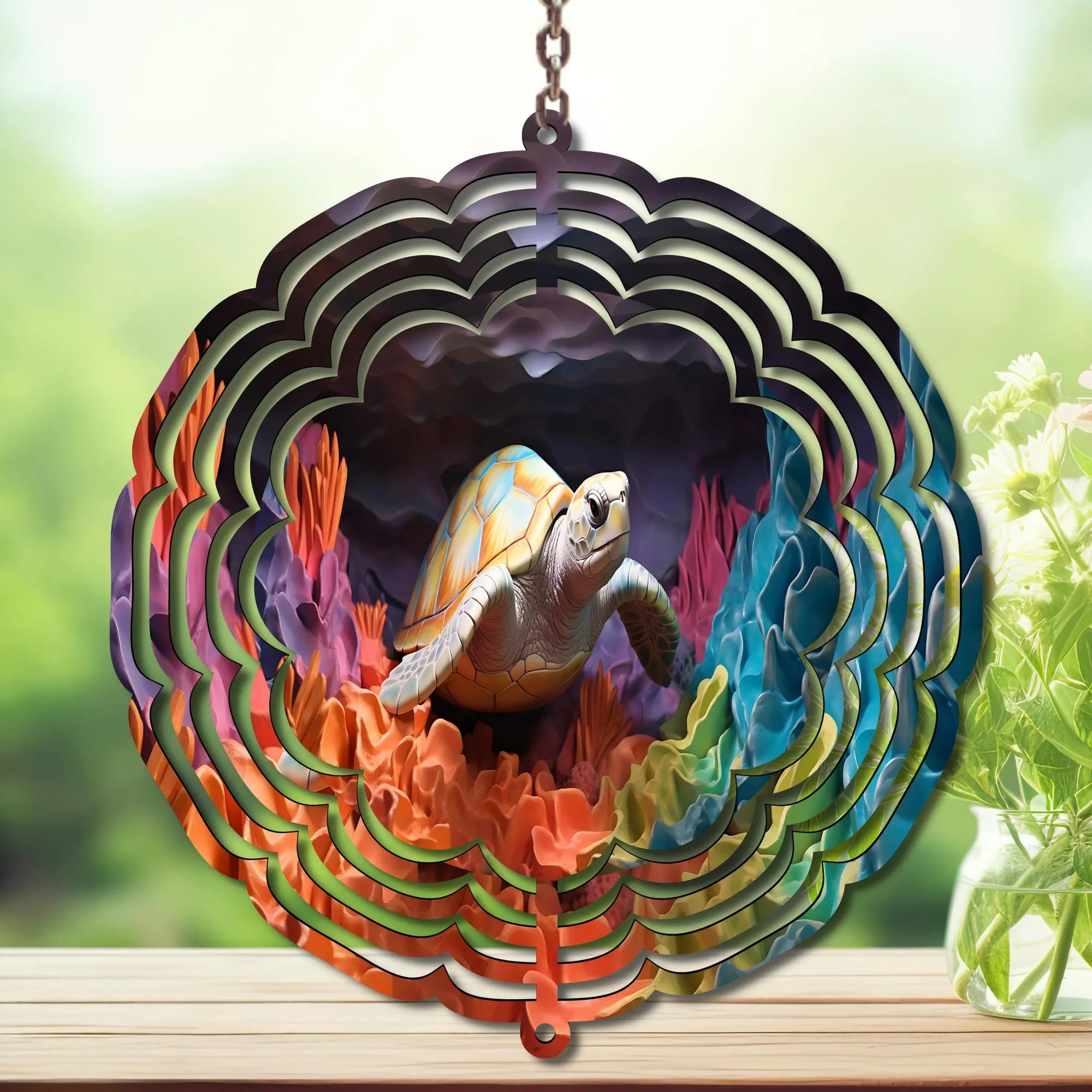 Colorful sea turtle wind spinner garden decor surrounded by vibrant coral design, perfect for enhancing outdoor spaces.