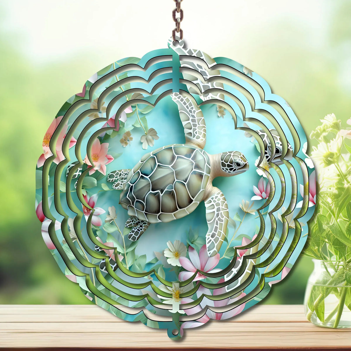 Sea Turtle Aluminum Metal Wind Spinner, Made with Waves & Whimsy. Multiple images available. TheCraftNook