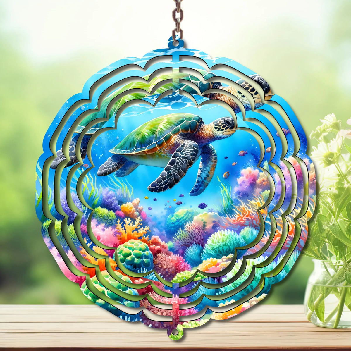 Sea Turtle Aluminum Metal Wind Spinner, Made with Waves & Whimsy. Multiple images available. TheCraftNook