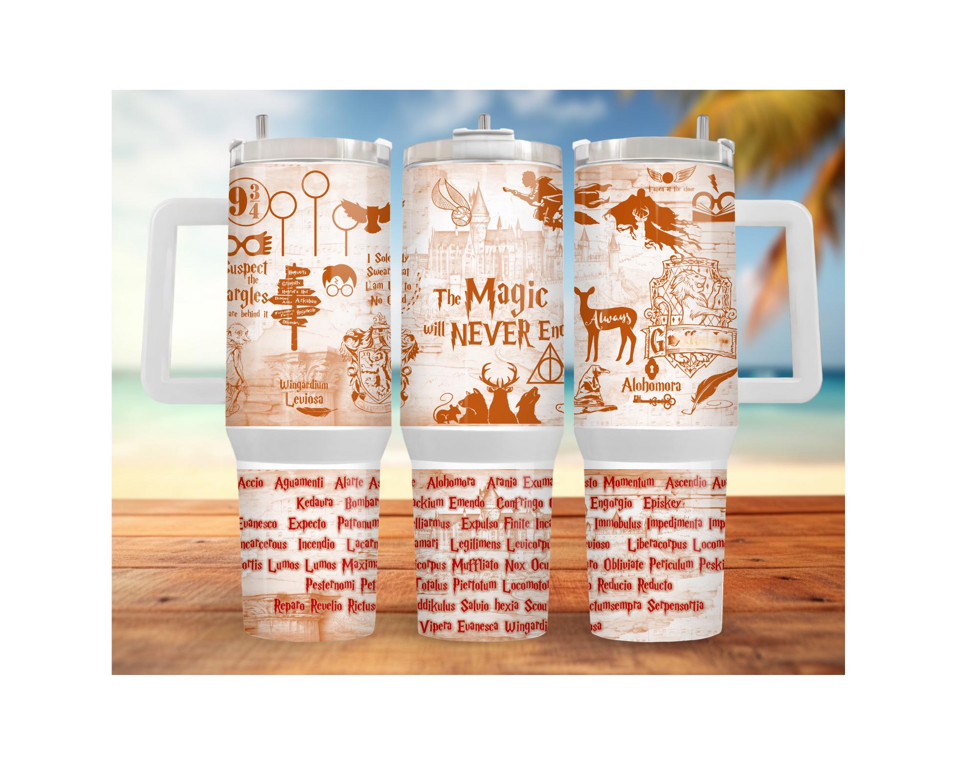 Lion House stainless steel tumblers featuring magical designs and script, available in multiple sizes.