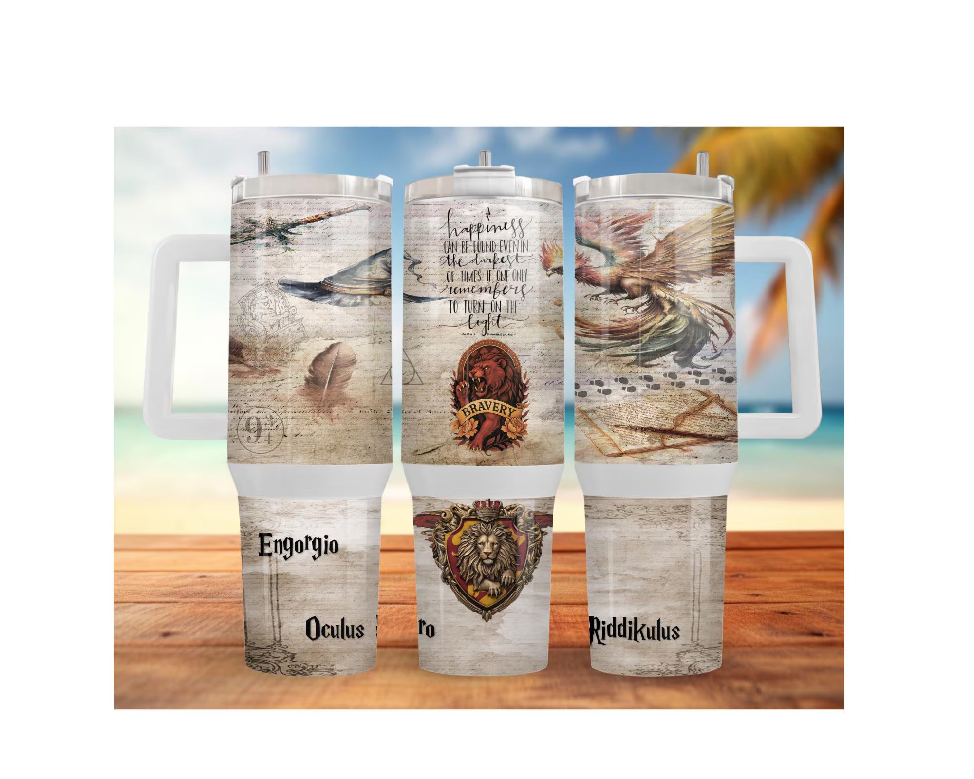 Lion House stainless steel tumblers featuring unique designs and inspirational quotes in a tropical setting.