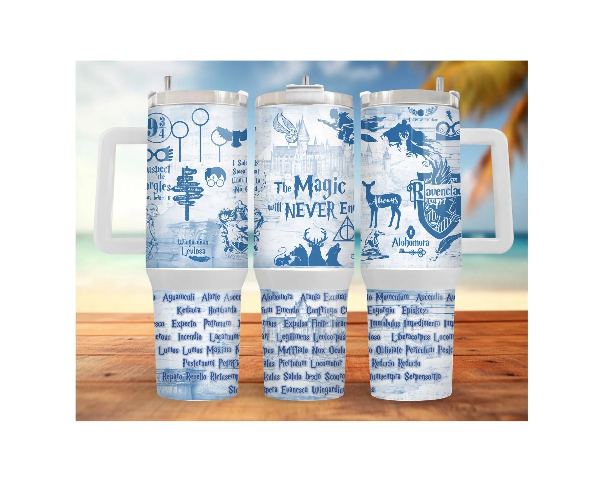 Eagle House pride stainless steel tumblers featuring magical graphics and various designs on beach background.
