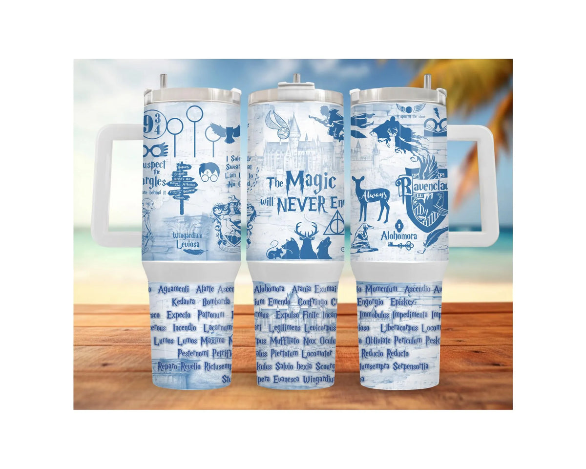 Eagle House pride stainless steel tumblers featuring magical graphics and various designs on beach background.