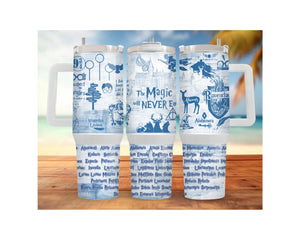 Eagle House pride stainless steel tumblers featuring magical graphics and various designs on beach background.