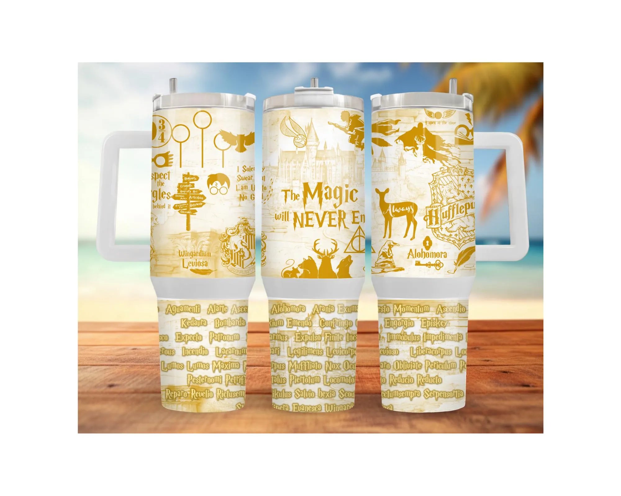 Badger House Pride stainless steel tumblers in three sizes featuring colorful designs with quotes and images.