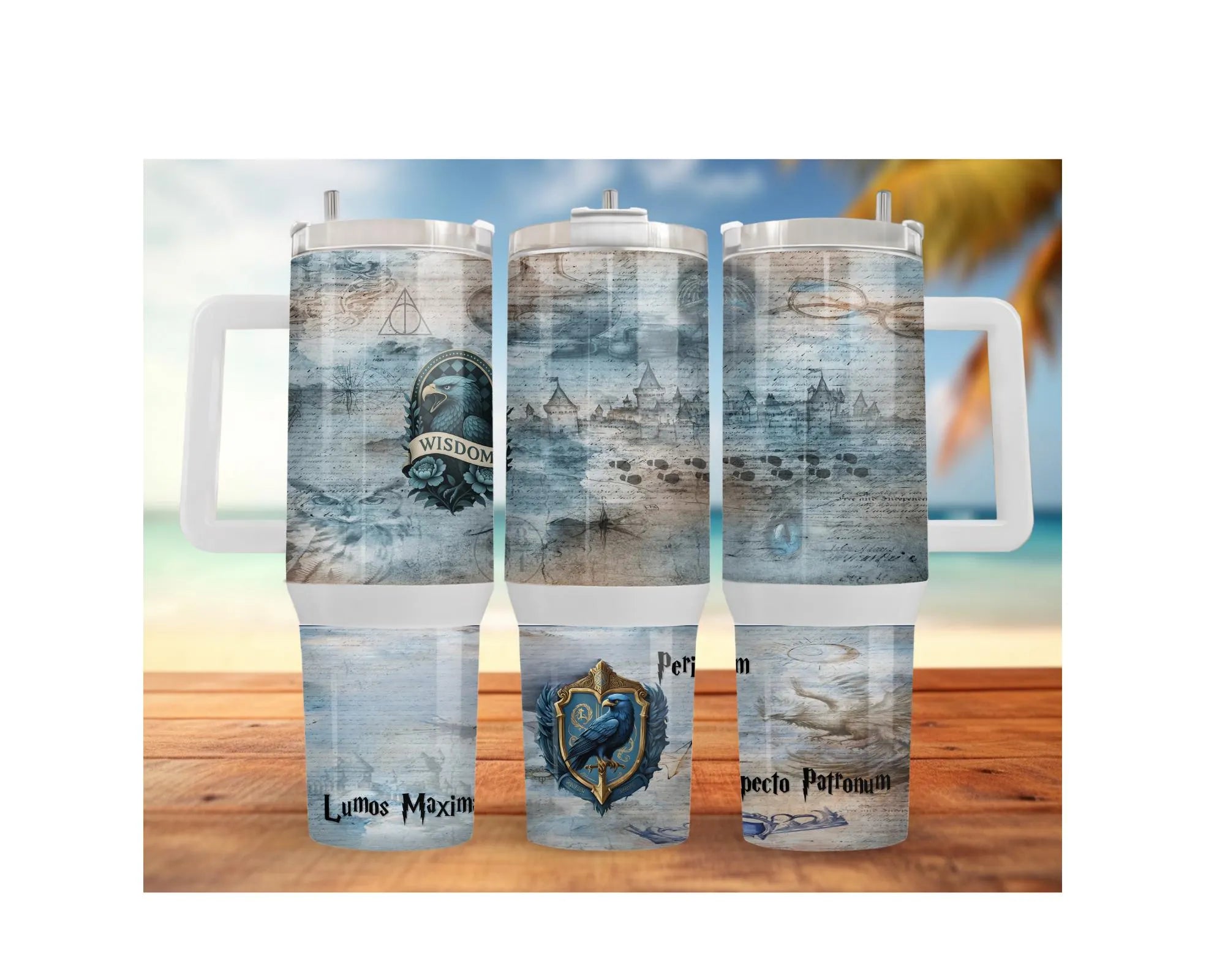 Eagle House pride stainless steel tumblers with ocean-themed design and motivational quotes in multiple sizes.