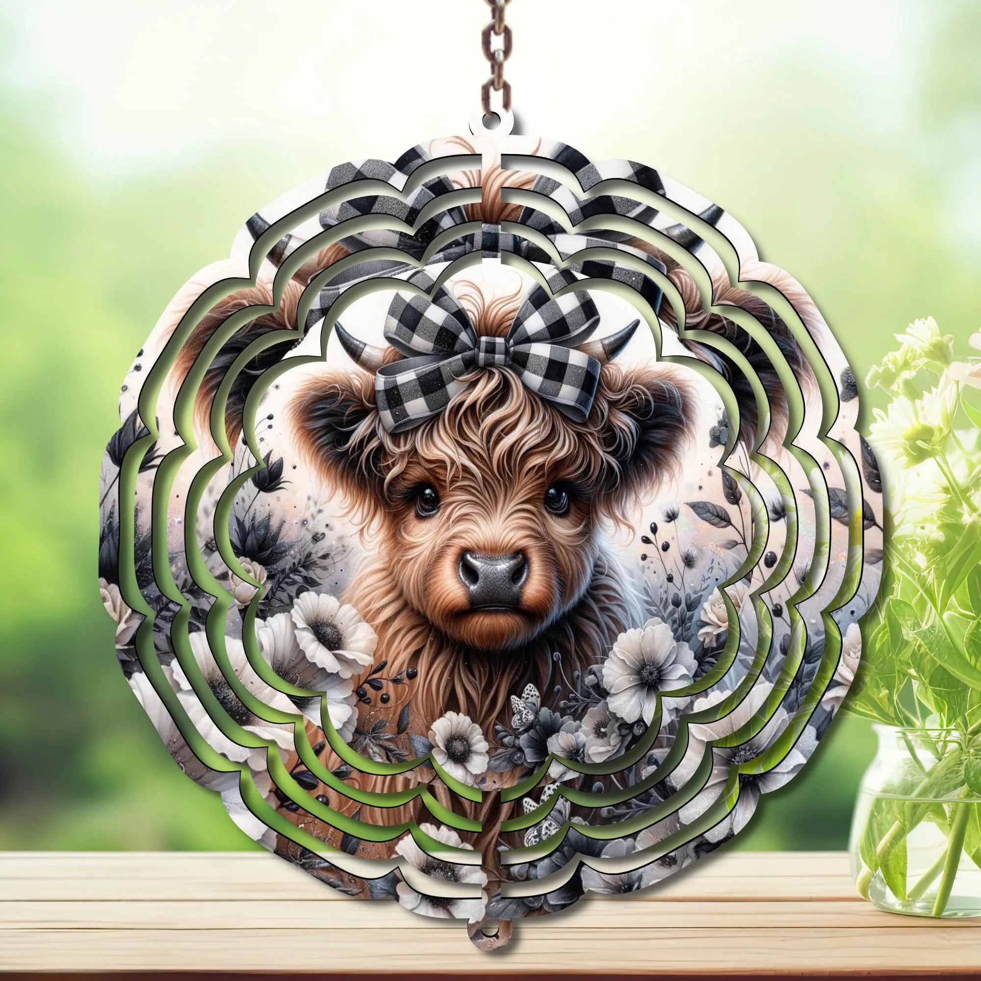 Highland cow wind spinner featuring a cute shaggy cow with a bow surrounded by floral details, perfect for outdoor charm.