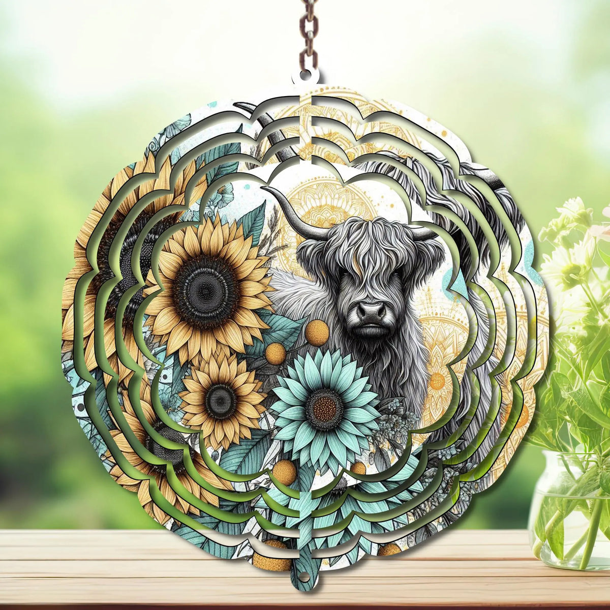 Highland Cow Aluminum Metal Wind Spinner.  Cute + whimsical personality. Multiple images available. TheCraftNook