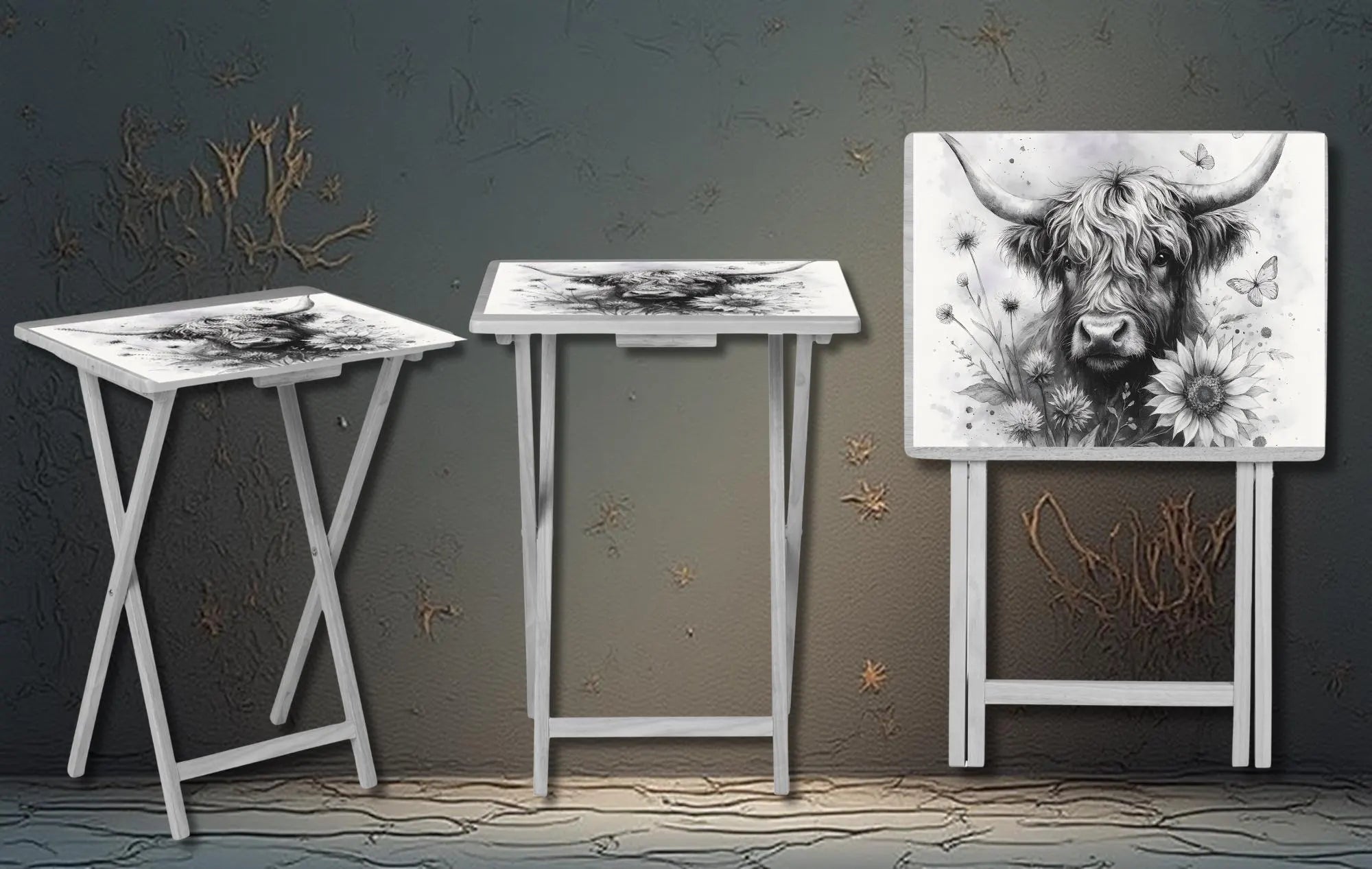 Highland cow wooden TV tray shown in three positions, featuring rustic design and cozy farmhouse style.