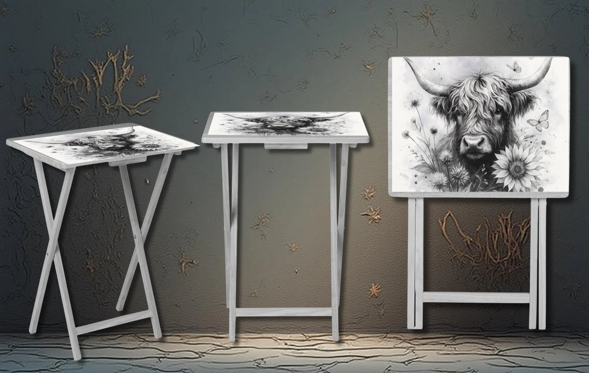 Highland cow wooden TV tray shown in three positions, featuring rustic design and cozy farmhouse style.