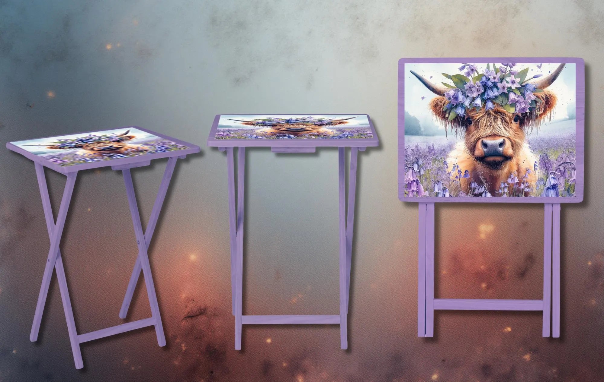 Highland cow wooden TV tray featuring floral design, lightweight and foldable for cozy farmhouse charm.