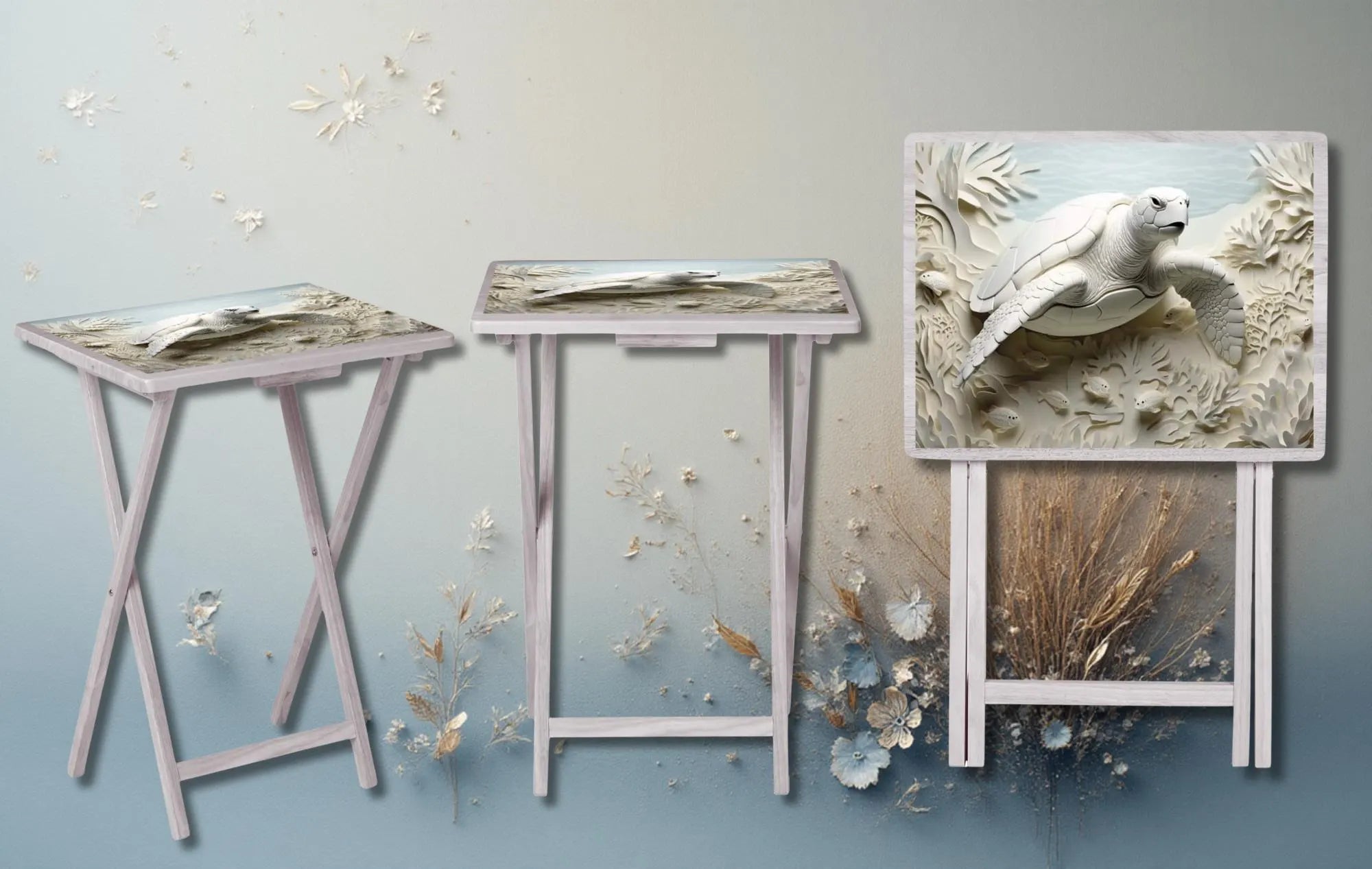 Sea turtle wooden TV tray showcasing vibrant sea-inspired artwork in a coastal setting.