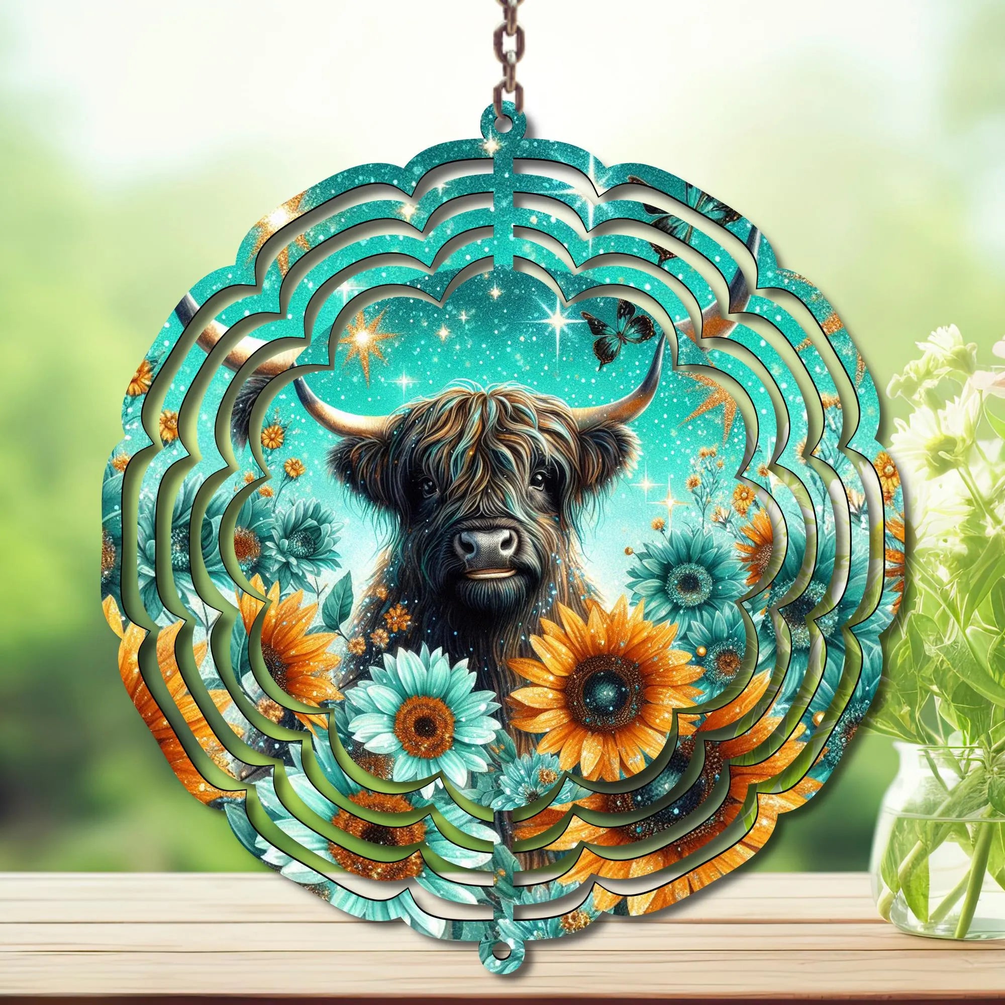 Colorful Highland Cow Wind Spinner featuring sunflowers and a whimsical design, perfect for outdoor décor.
