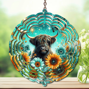 Colorful Highland Cow Wind Spinner featuring sunflowers and a whimsical design, perfect for outdoor décor.