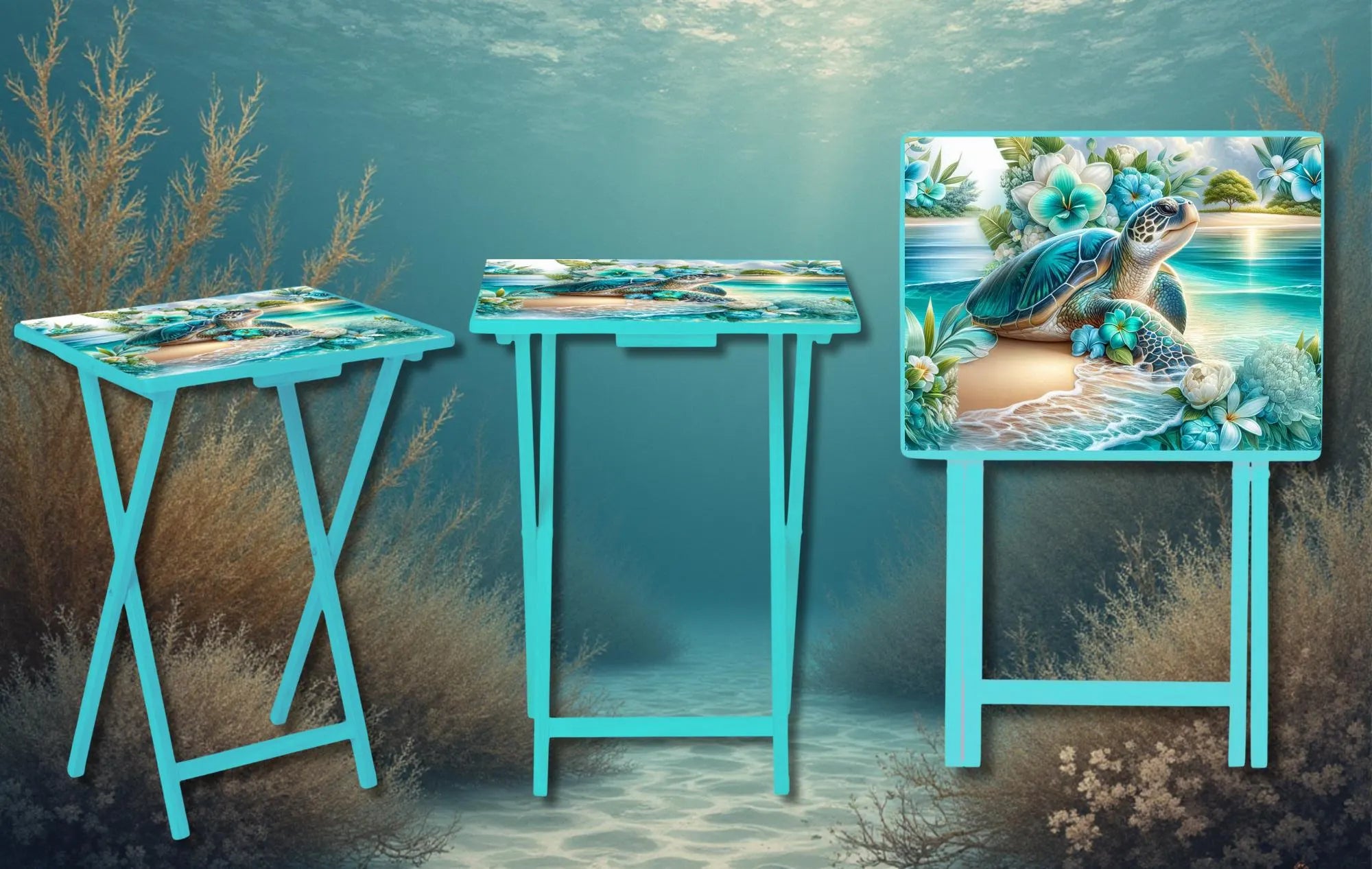 Sea turtle wooden TV tray with vibrant ocean-themed artwork and foldable design, perfect for snacks or decor.
