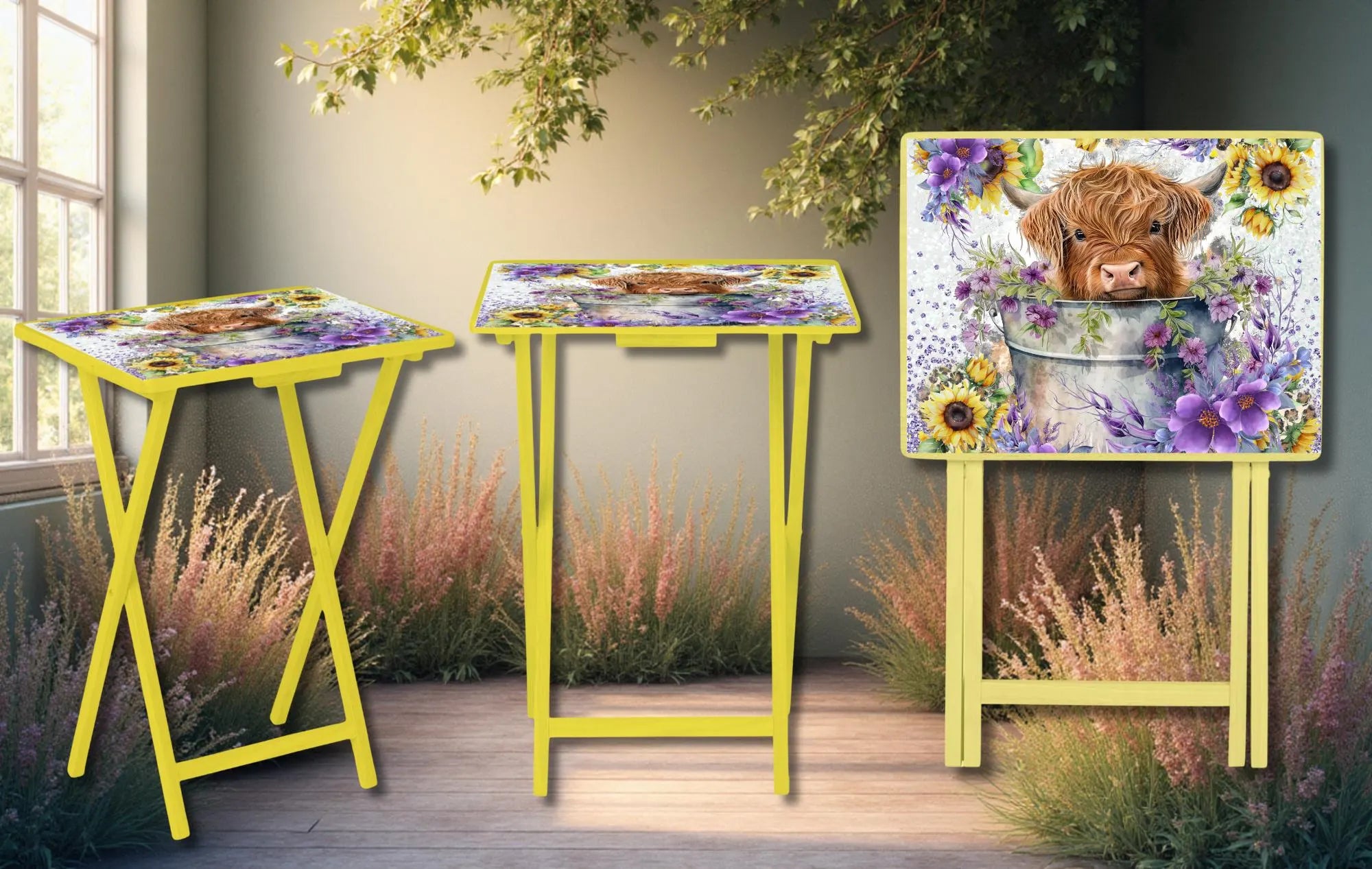 Highland cow wooden TV tray featuring floral design in a warm, inviting setting, perfect for farmhouse decor.