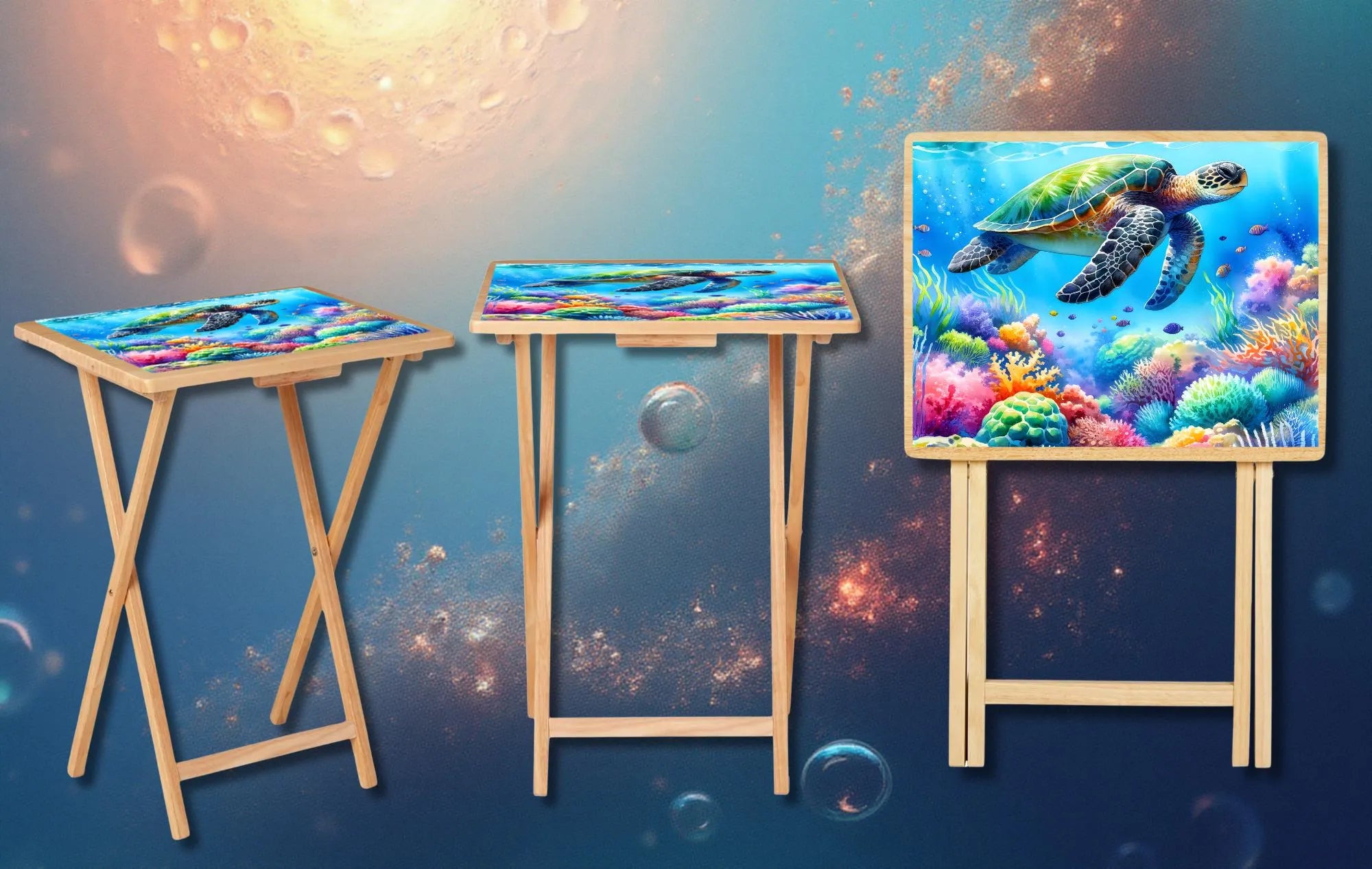 Sea turtle wooden TV tray featuring vibrant underwater artwork on a foldable wooden design.
