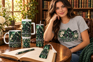 Lifestyle collection scene with a person wearing the gray emerald snake tee