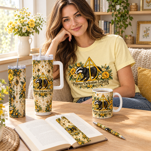 Lifestyle scene with a person wearing the matching tee alongside the tumblers, mug, bookmark, and pen
