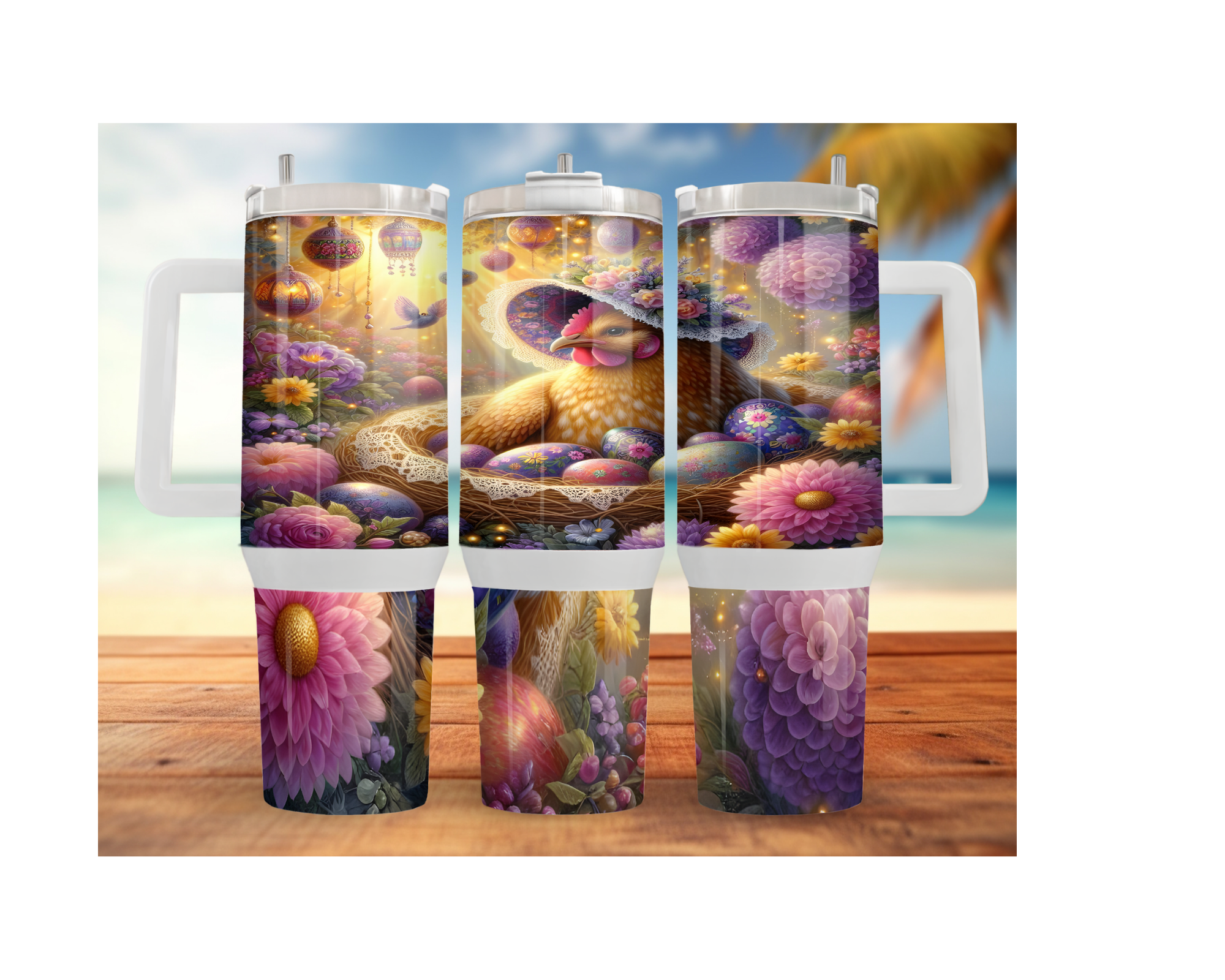 30 oz 40 oz stainless steel Easter tumblers featuring vibrant spring-themed artwork with flowers and Easter eggs.