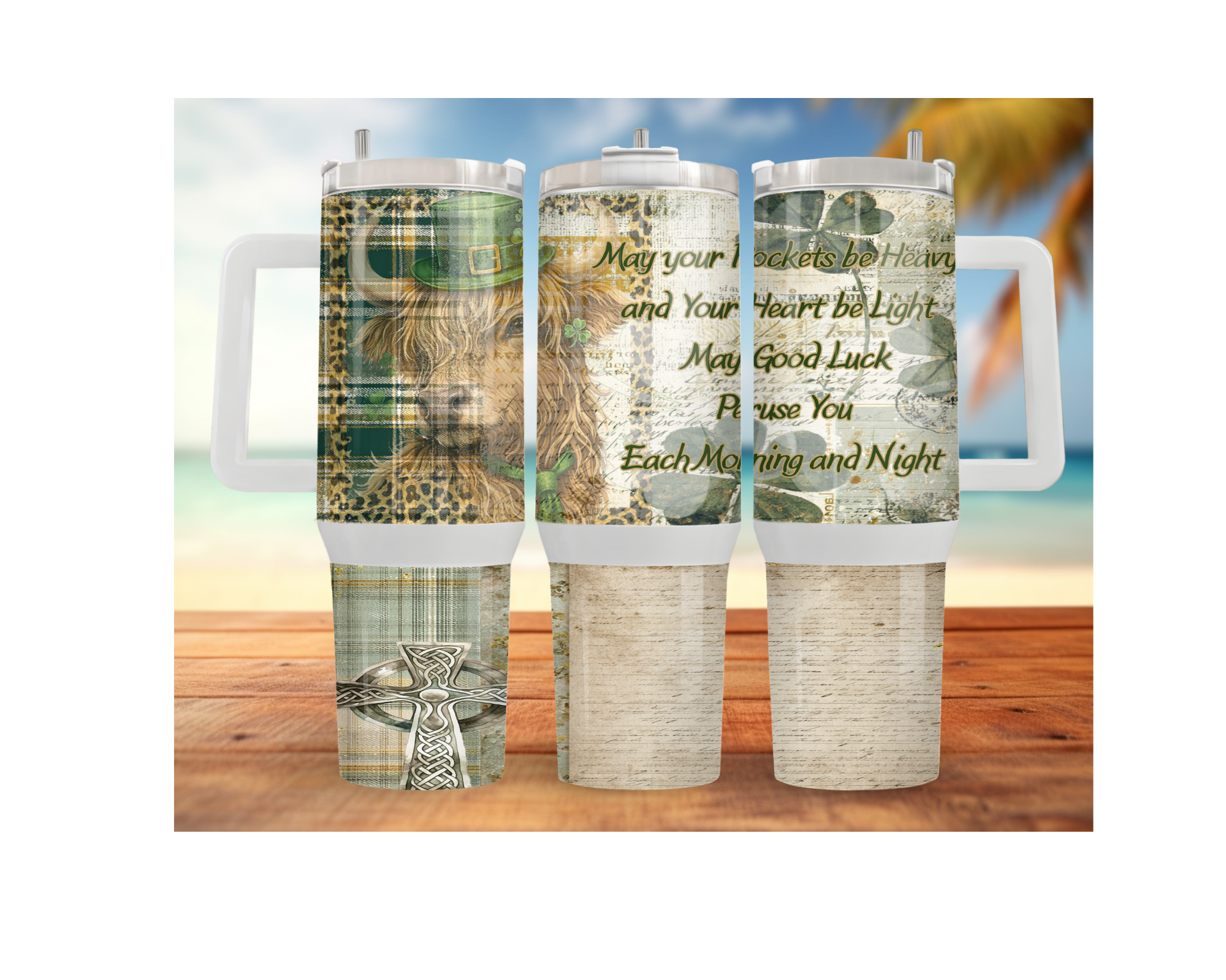 St. Patrick's Day tumbler 30 40 oz featuring a Highland cow design and festive Irish luck messages.