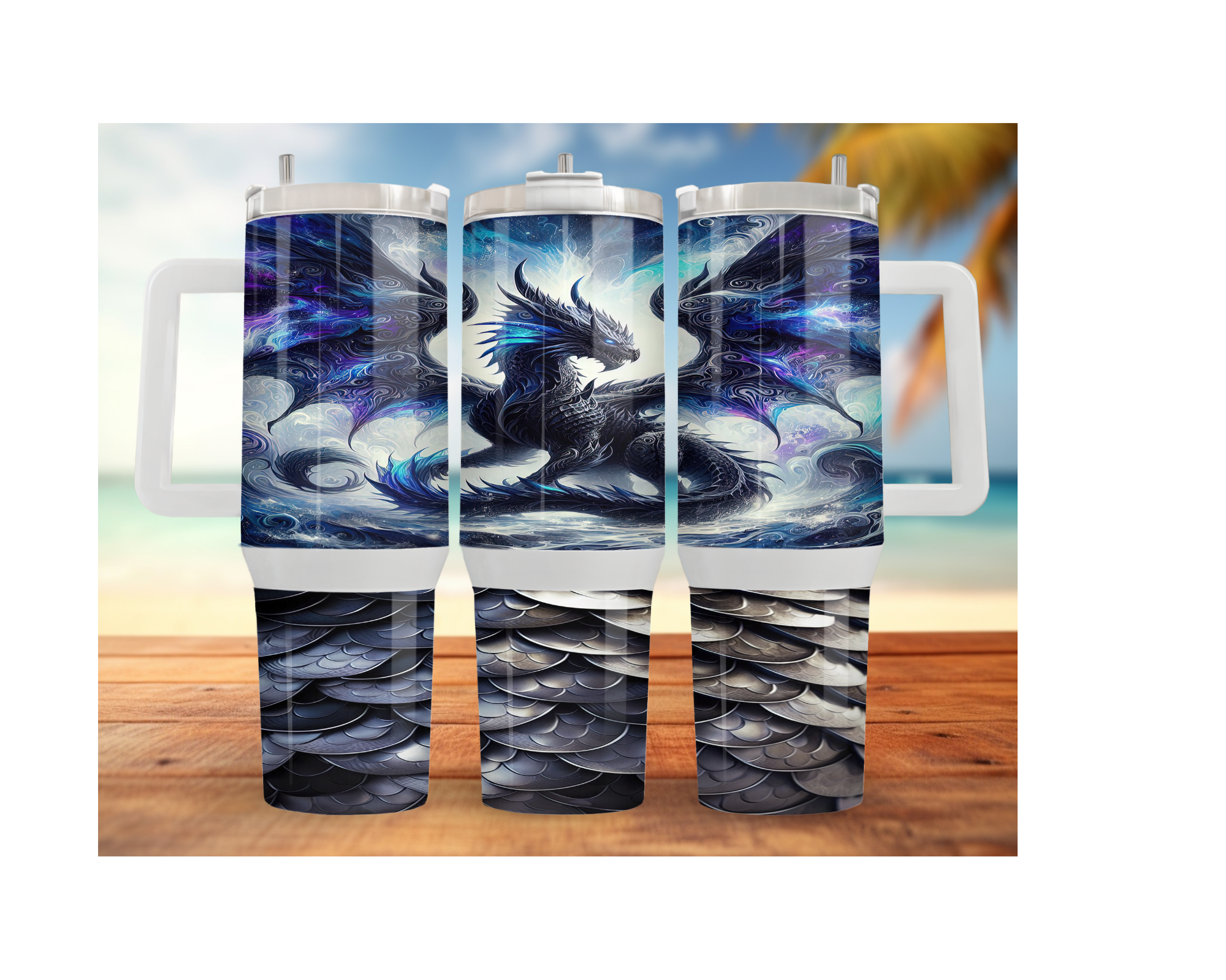 Dragon stainless steel tumblers showcasing vibrant dragon artwork and insulated design on a beach background.