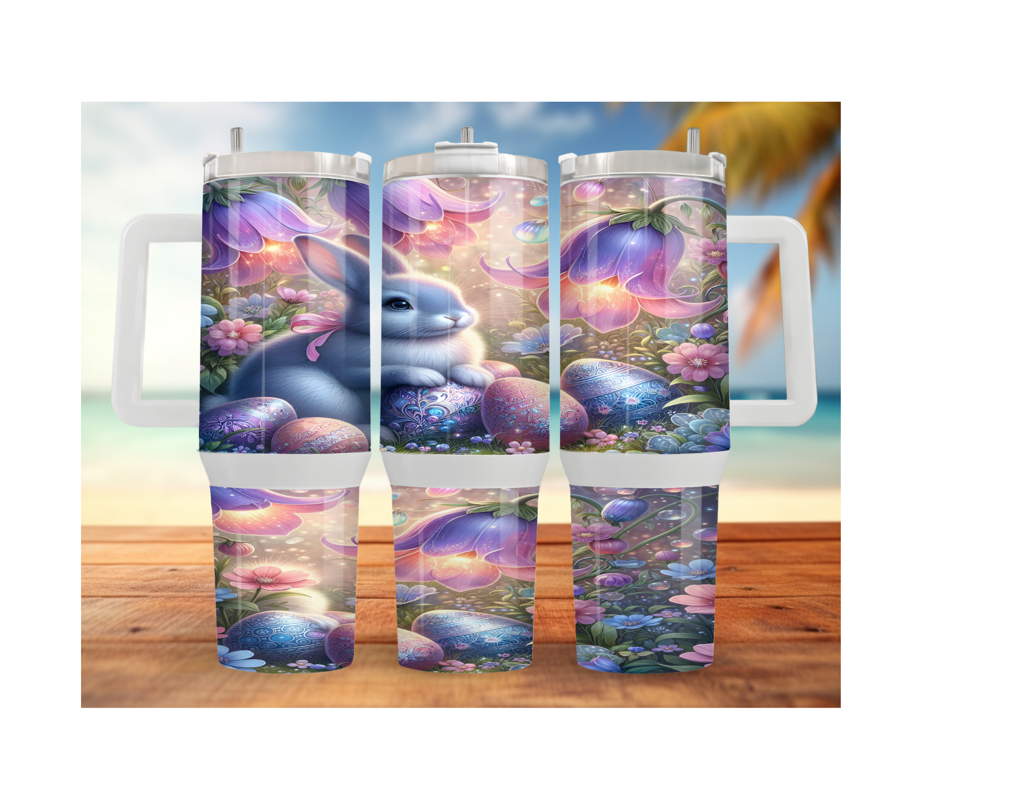 30 oz 40 oz stainless steel Easter tumblers featuring a cute bunny with colorful eggs and flowers, perfect for spring sipping.
