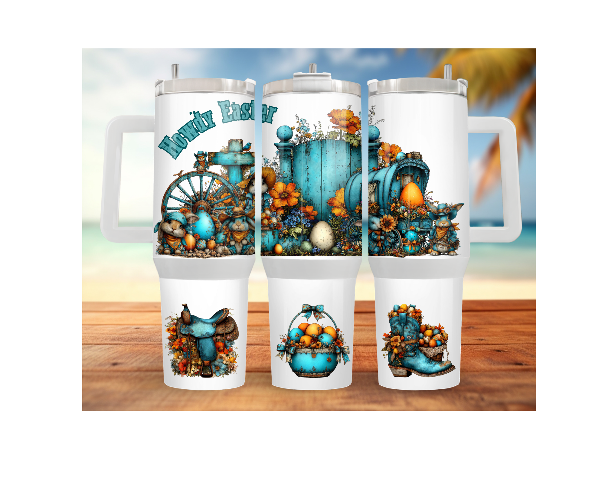 30 oz 40 oz stainless steel Easter tumblers featuring festive floral designs and Easter eggs on a beach background.