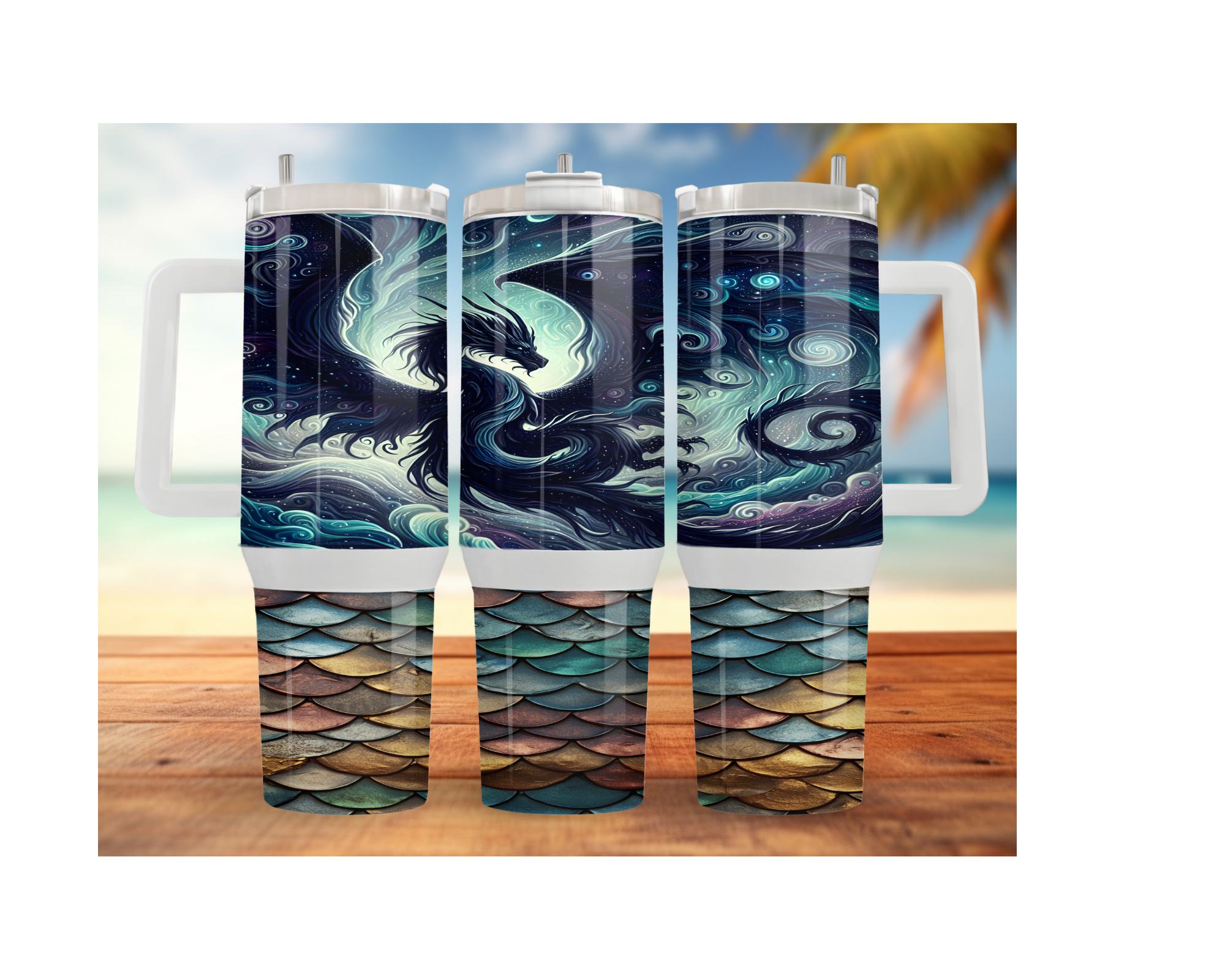 Dragon stainless steel tumblers featuring majestic dragon artwork and colorful scale design.